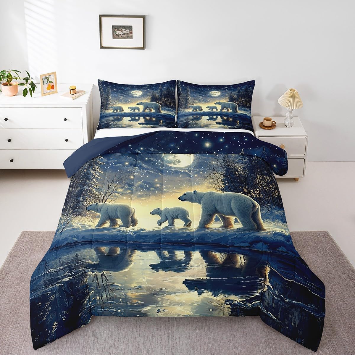 Manfei Polar Bears Bedding Set Queen Size Cute Wild Animals Comforter for Boys Girls Bedroom Decor Starry Galaxy Moon Sky Comforter Set Dark Blue Gold Duvet Set 3Pcs Quilt Set with 2 Pillowcase