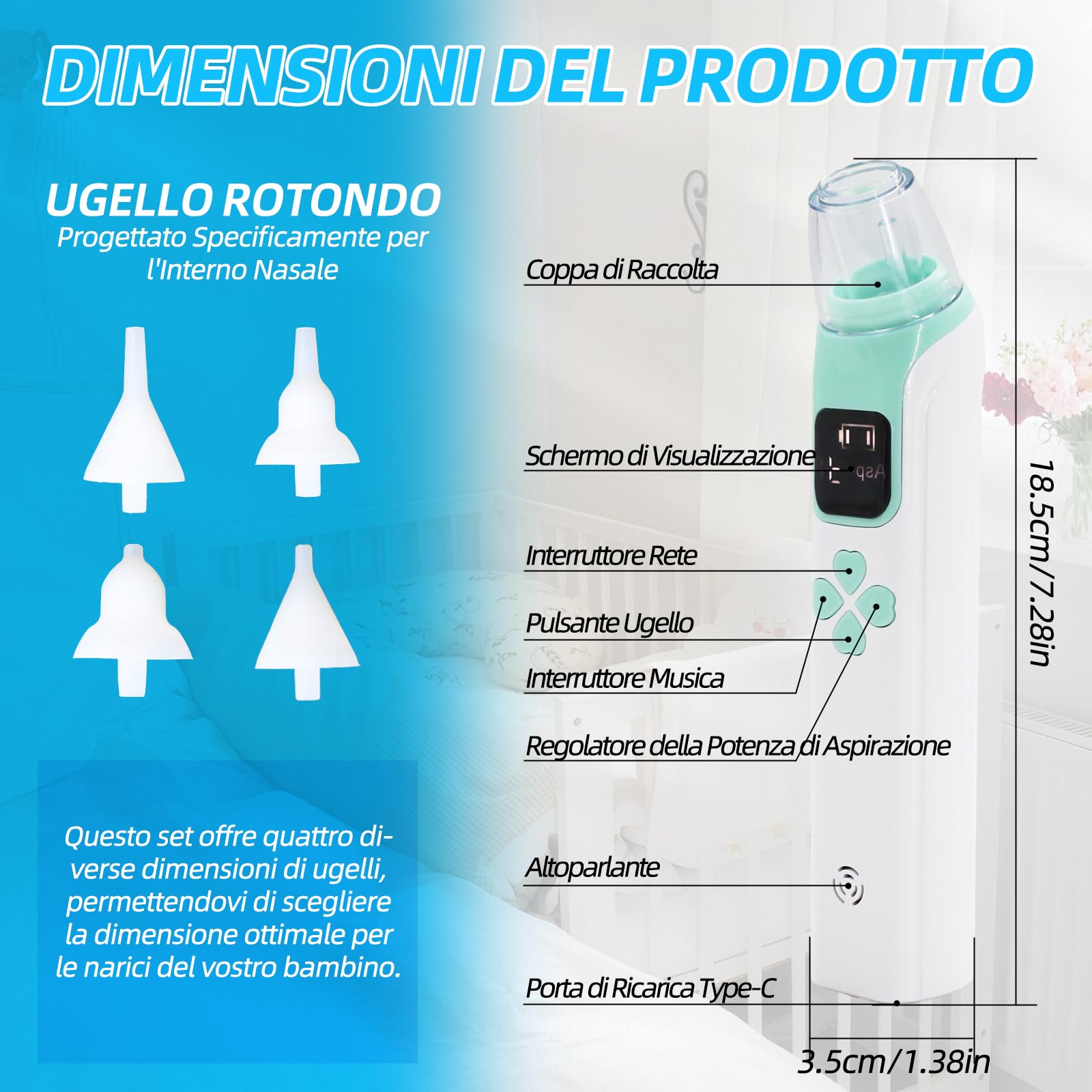Aspiratore nasale per bambini, potenza di aspirazione regolabile a 3 livelli, 4 testine in silicone, funzione musica e luce, adatto per neonati, lattanti e bambini piccoli