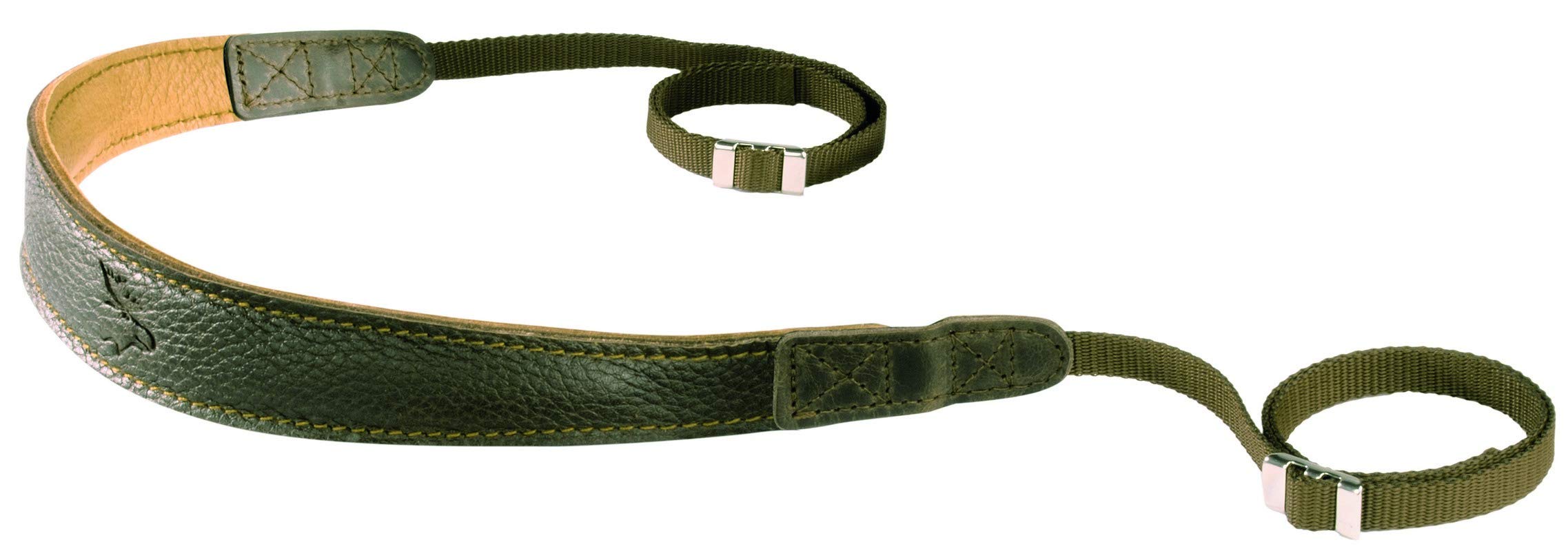 0339 Elk Leather Camera Strap 33 mm Wide Olive Green / Natural / Contrast Stitching Ergonomically shaped camera strap for viewfinder, bridge cameras and high-quality binoculars. Suitable for shoulder, neck or diagonal wear. Very comfortable to wear up to 0.8 kg. Made in Germany