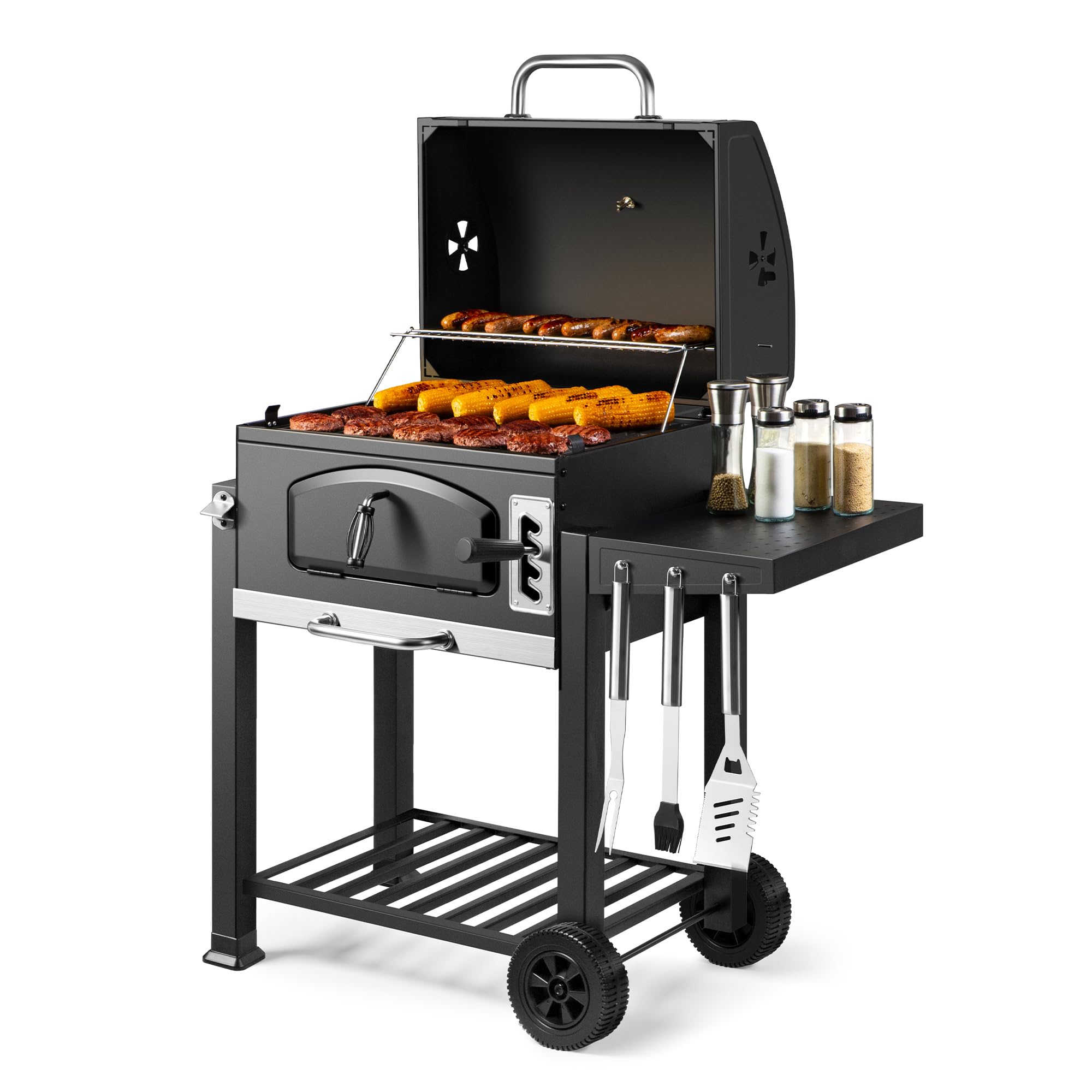 VonHaus Charcoal BBQ – XL Portable Barbecue with Warming Rack, Fold Down Shelf, Temperature Gauge, Wheels, Large Cooking Grill, Air Vents – 2 in 1 Barbeque and Wood Smoker – Grill Meat, Fish & Veg — view 8