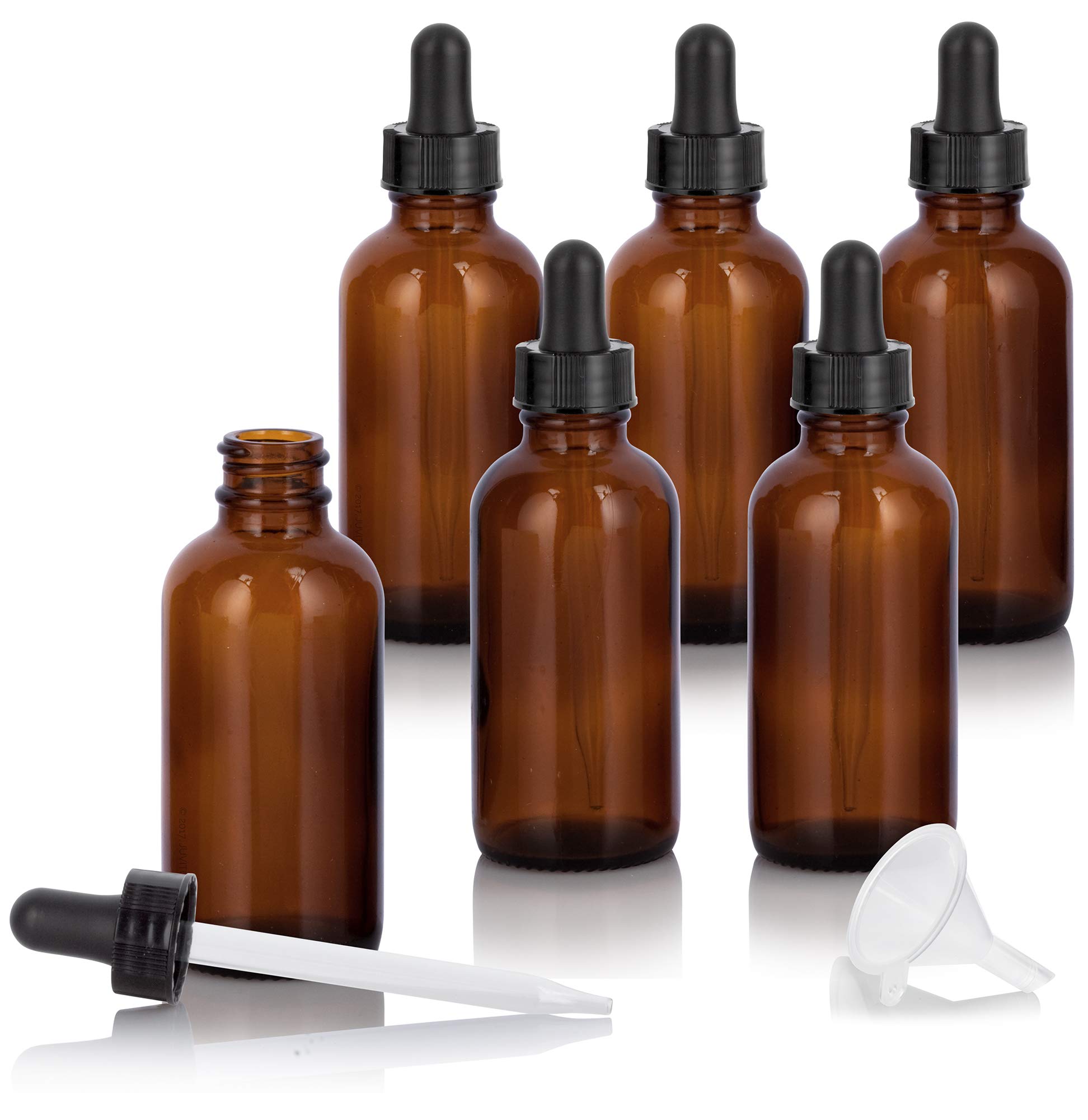 2 oz Amber Glass Boston Round Dropper Bottle (6 pack) + Funnel