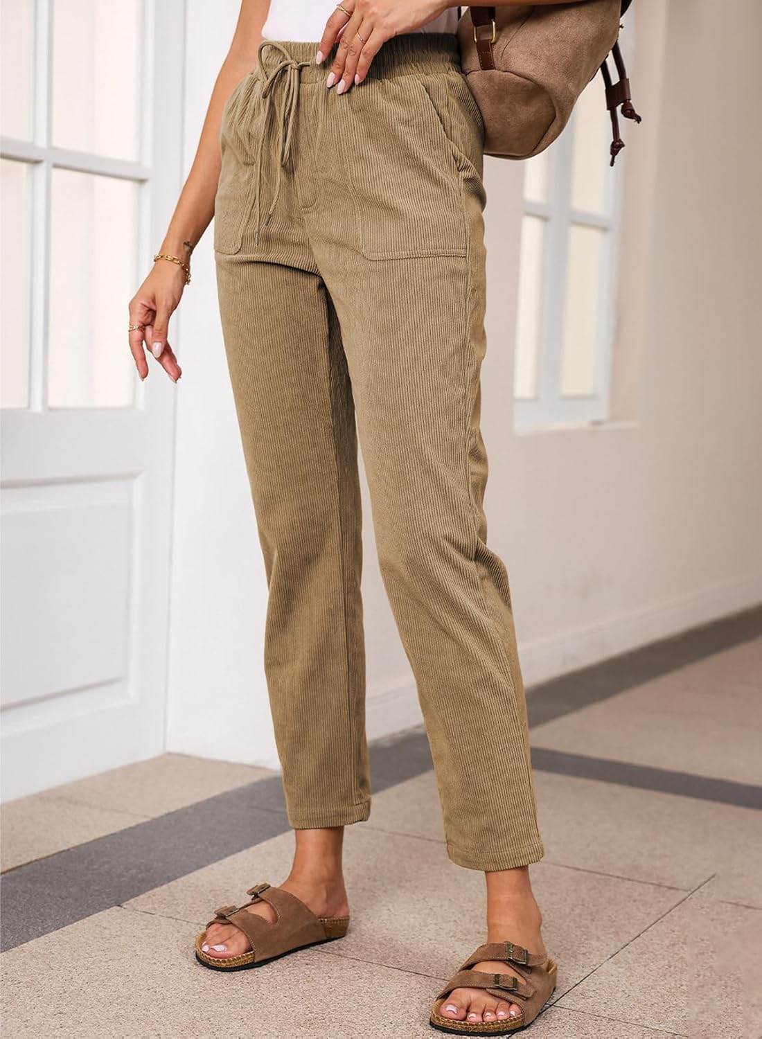 EVALESS Corduroy Pants for Women Casual Drawstring Elastic High Waist Straight Leg Pants Loose Comfy Trousers with Pockets - Image 3