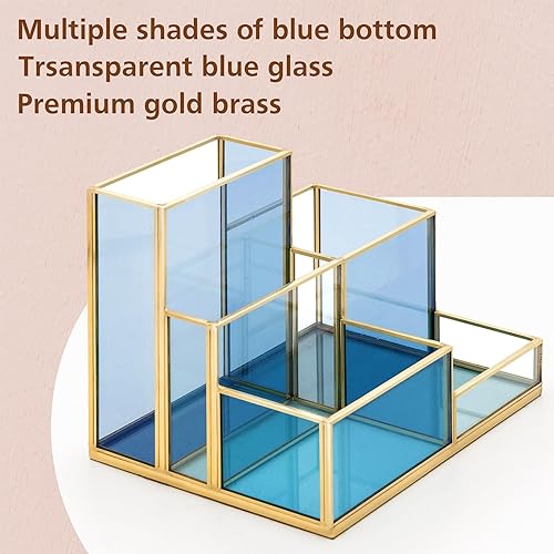 Miniatura 3 de FONDAZZA 5-Compartment Desk Organizer for Home Office Supplies, Gold Brass with Blue Glass, Workspace Storage for Stationery, Cosmetic, Makeup Tools