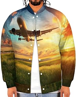 Airplane Taking Off From The Airport Mens Bomber Jacket Lightweight Button Down Baseball Windbreaker Coat with Pocket
