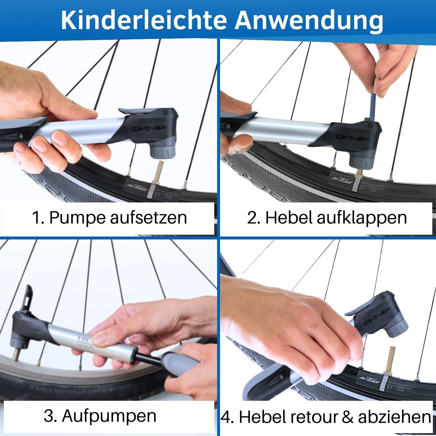 HiLo sports Mini Fahrradpumpe für alle Ventile- [Intelligenter Pumpenkopf] - Automatischer Ventil Wechsel - 6 Bar Mini Luftpumpe