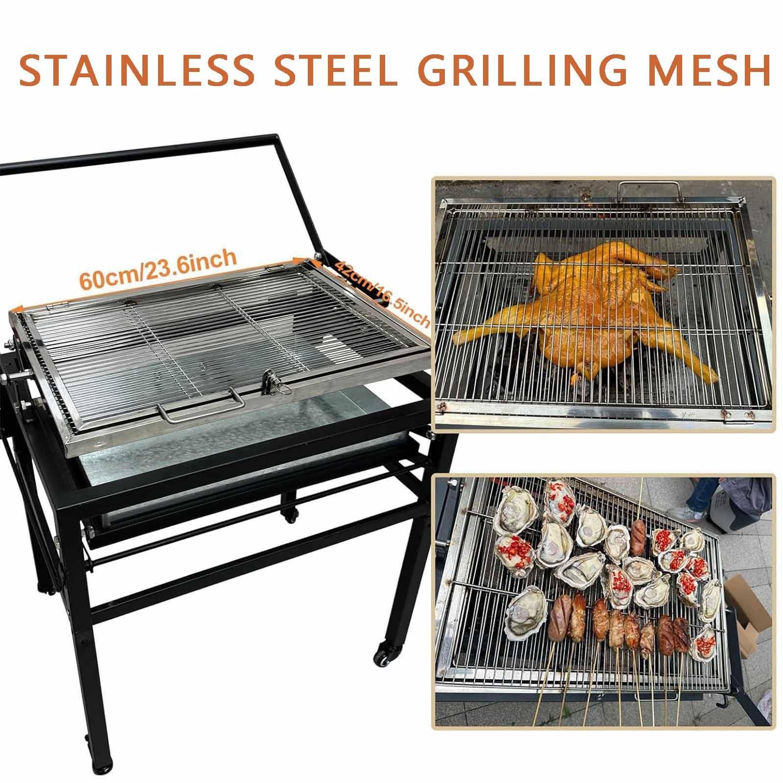 Grill węglowy z wózkiem, wytrzymały kwadratowy grill zewnętrzny, wyjmowany, obrotowy ruszt do gotowania o 360 stopni, stojący grill do gotowania z kółkami do biwakowania