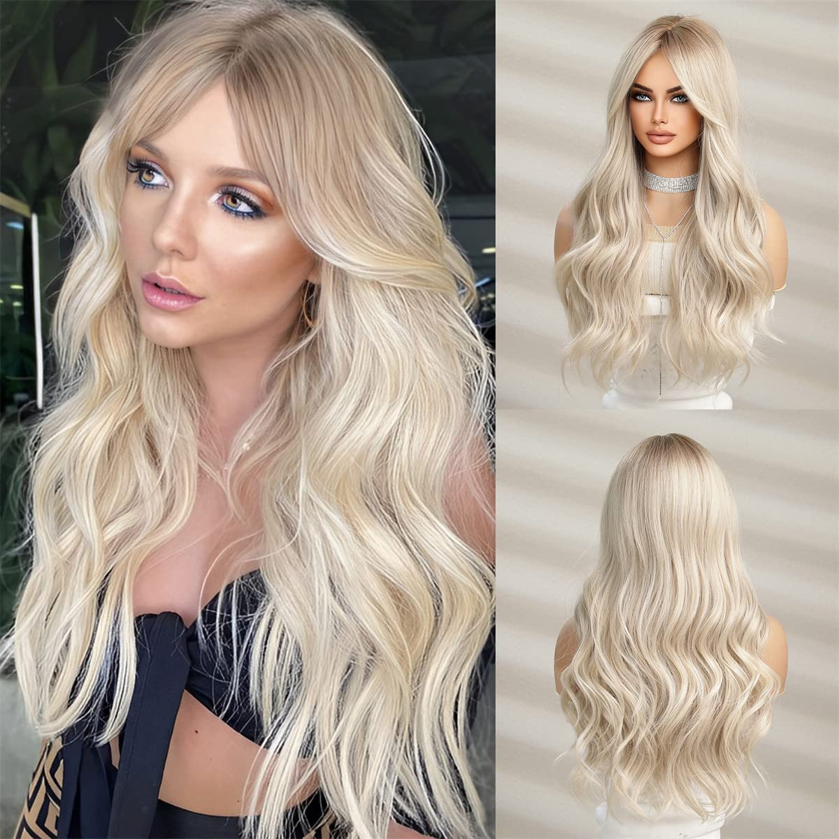 HAIRCUBE Long Blonde Wigs with Bangs for Women,Synthetic Wavy Hair Wig with Dark Roots
