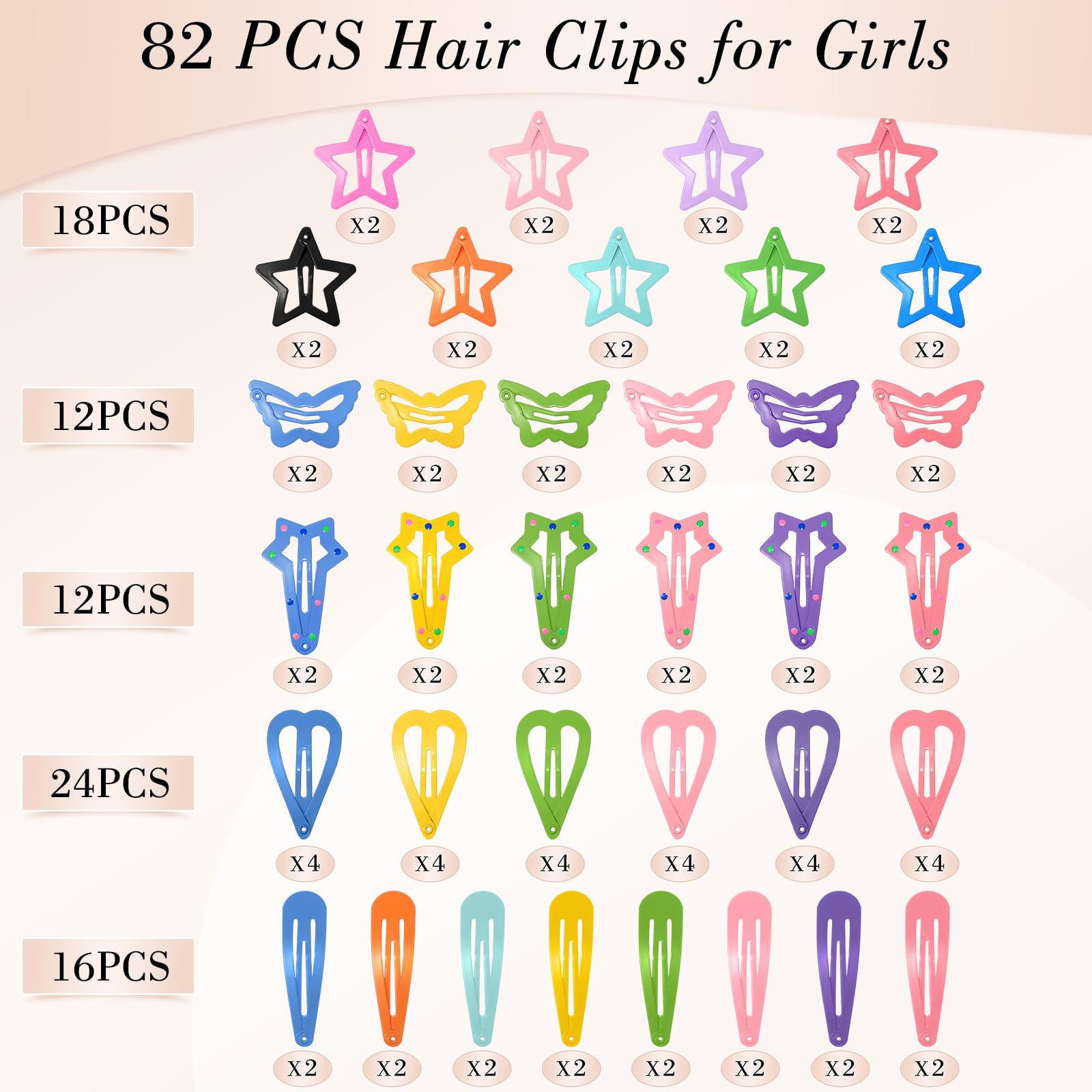 obeoby 82 fermagli per capelli colorati in 5 stili per ragazze, fermagli per capelli in metallo a scatto per ragazze graziose stelle farfalle cuori clip per ragazze accessori per capelli regalo