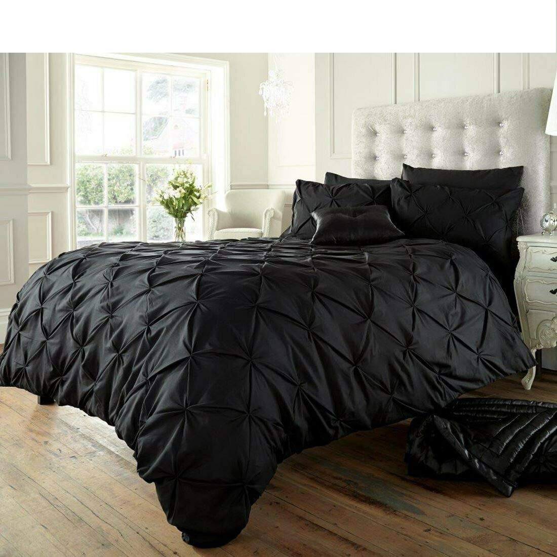 RAYYANLINEN 3PCs PINTUCK PLEATED DUVET COVER BEDDING SET WITH PILLOWCASES (Black, KING)