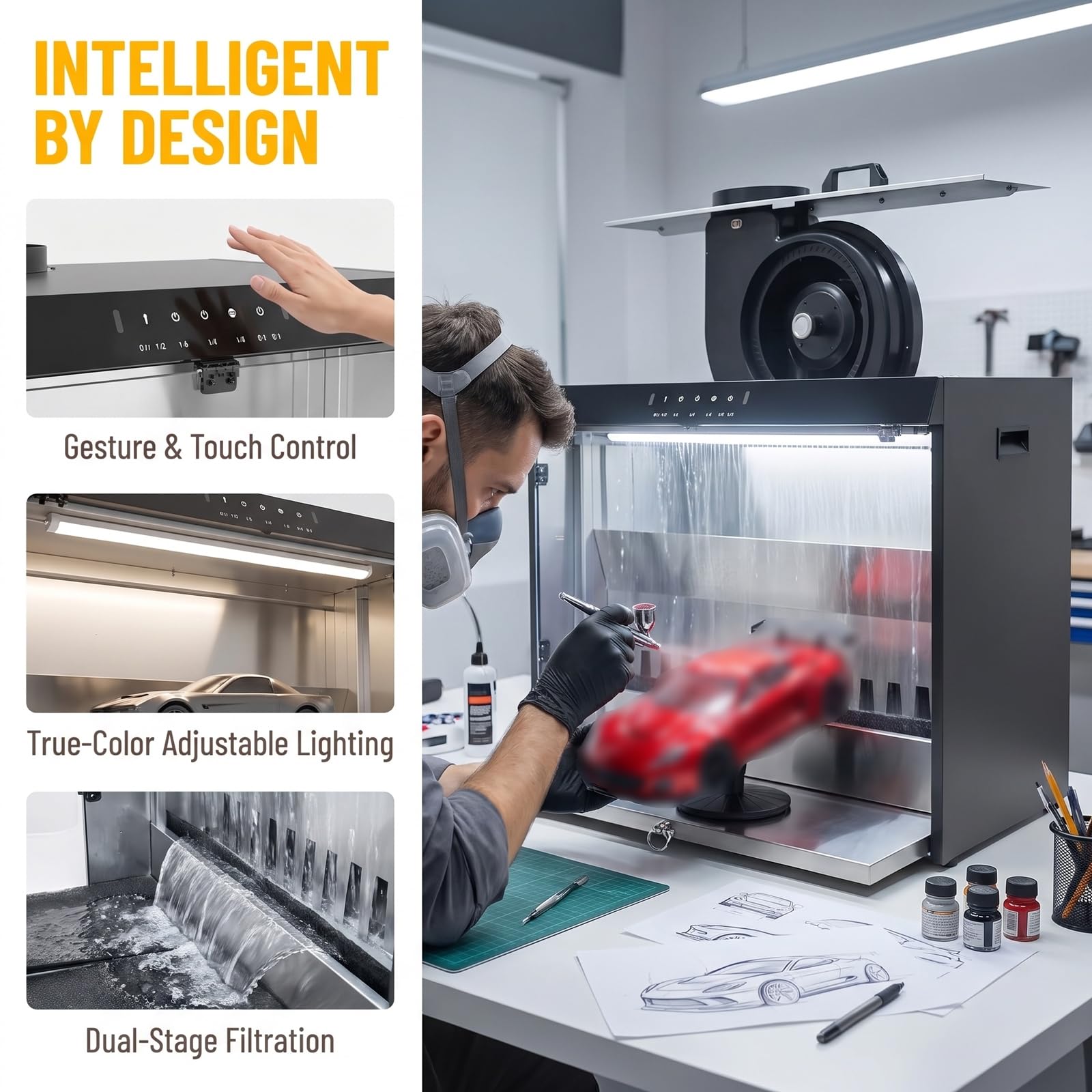 Cabina Di Verniciatura A Cascata, Cabina Di Verniciatura Ad Aerografo Con Cortina Dacqua, Controllo Touch E Doppia Filtrazione, Flusso Daria Di 2200 L/h E 3 Luci A Led, Aspirazione Massima Del