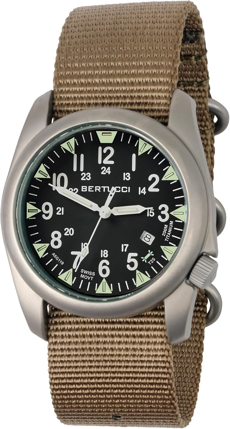 BERTUCCI® 44 mm Titanium Field Watch - A-4TS Super Yankee Illuminated™ - Black dial, Coyote Nylon Band - 13483
