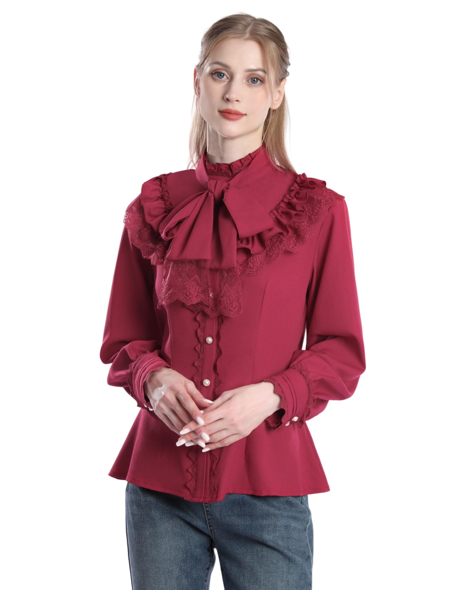 Camicetta vittoriana da donna Steam Punk Camicetta con bordo in pizzo colletto alto a maniche lunghe bianco