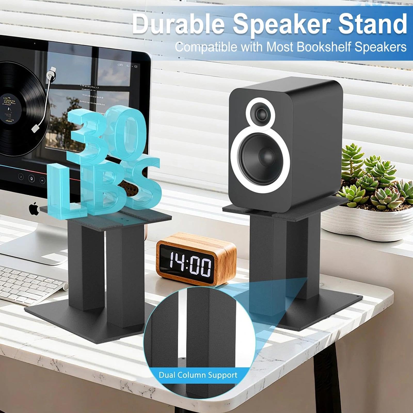 2 supporti audio da scrivania, altezza 25 cm, in metallo, con cuscinetti antiscivolo e ammortizzanti, per computer e librerie (nero)