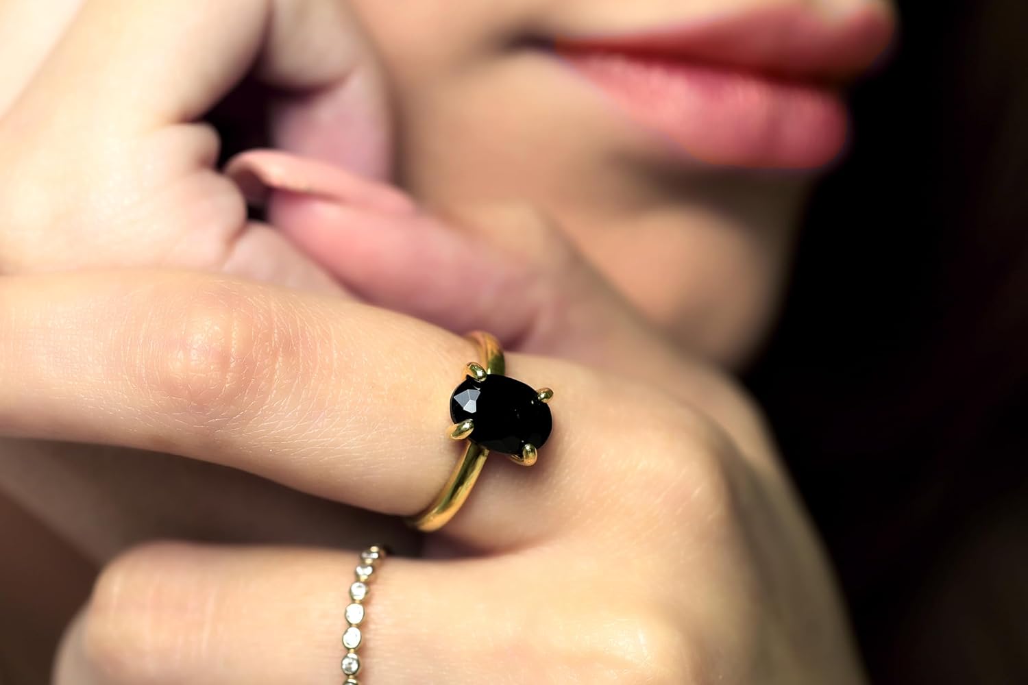 Rose Gold Black Onyx Solitaire Ring - Oval Cut Gemstone - 14k Pink Gold Black Stone Jewelry for Women