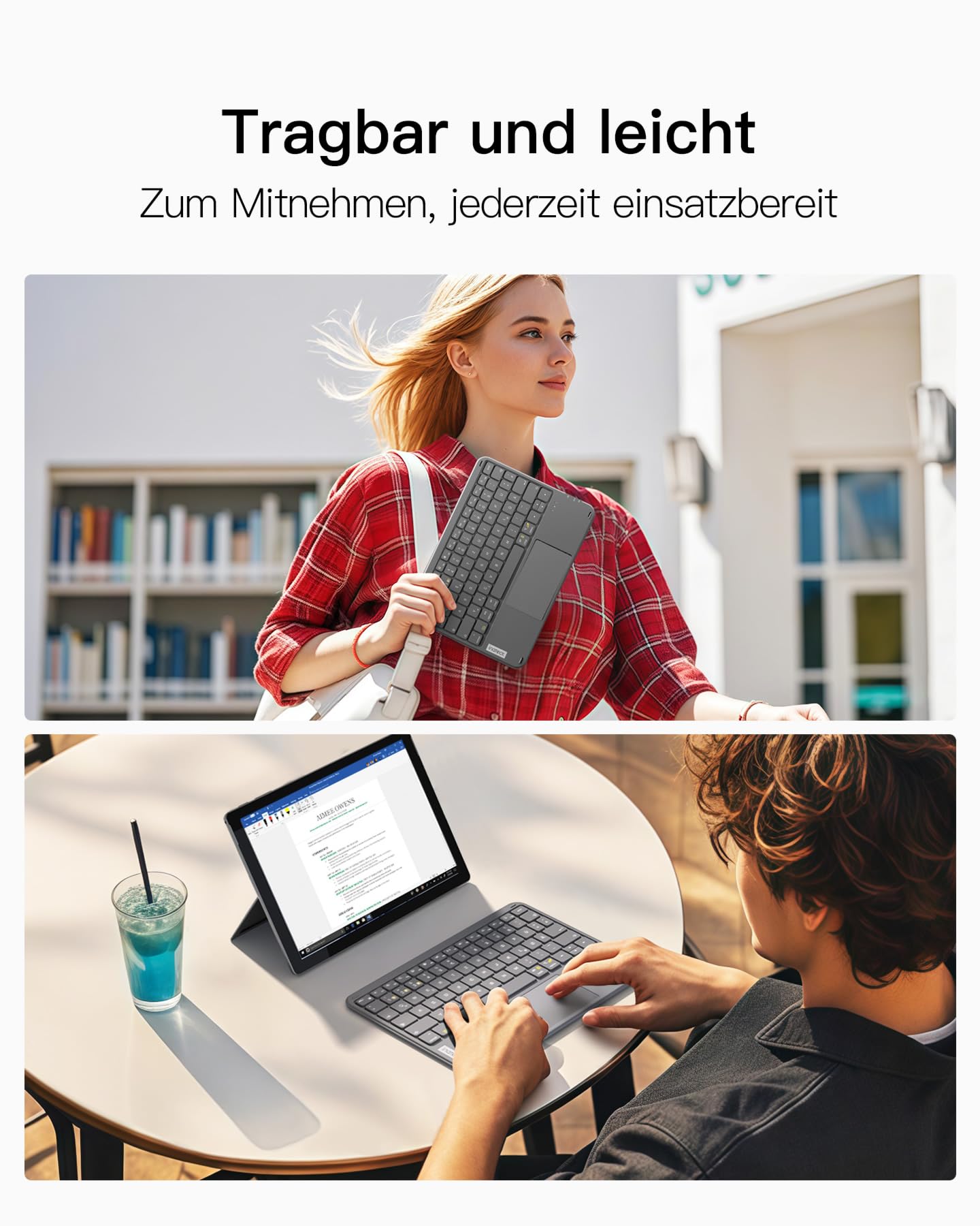Inateck Tablet Tastatur mit Touchpad, Ultraleichte Tastatur Kabellose QWERTZ Deutsch mit Trackpad, kompatibel mit iPad/Tablet/Windows/Laptop/PC,KB01105