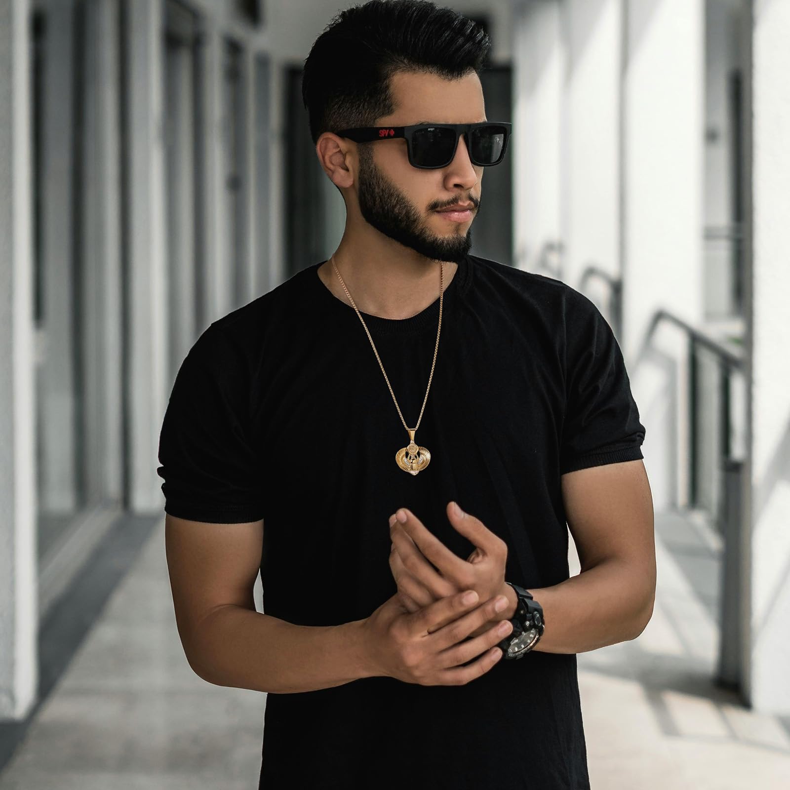AsAlways Ciondolo a forma di scarabeo alato egiziano placcato oro 18 carati, in acciaio inox, con zircone cubico, occhio di Ra, hip-hop, amuleto, gioiello regalo