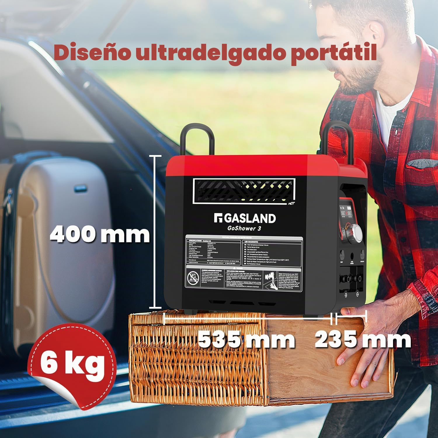 GASLAND Calentador de agua para exteriores, propano/butano (50 mbar) para exteriores, con batería recargable incorporada, ducha caliente para camping
