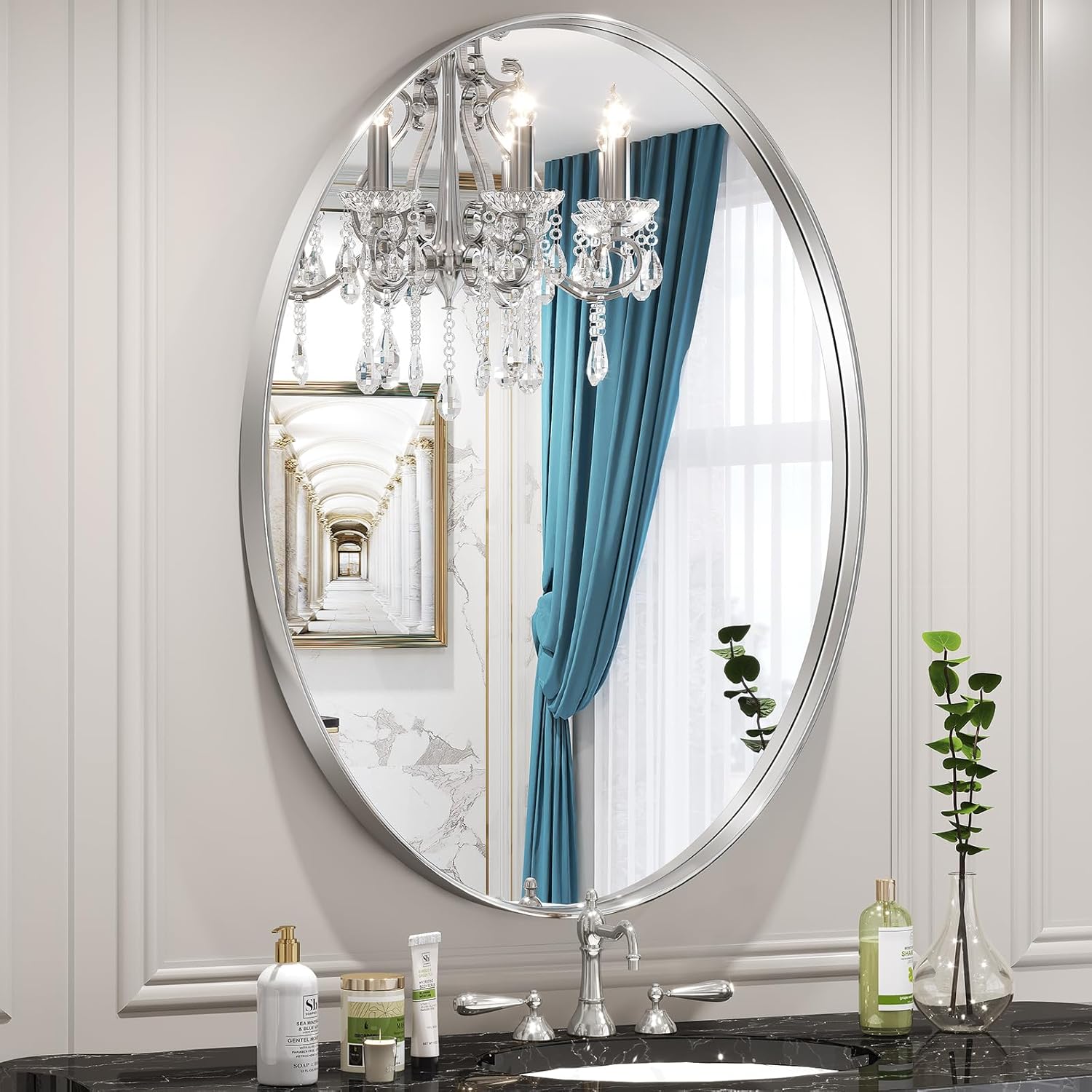 Amazon.com: Brightify Silver Oval Mirror for Bathroom 26x38 Inch, Oval ...