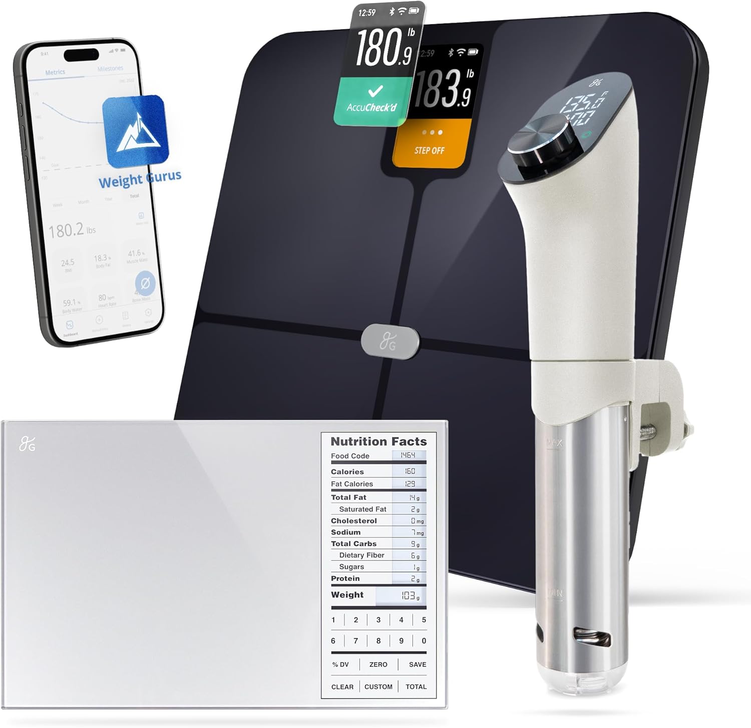 Greater Goods Nutrition Facts Food Scale, Accucheck Smart Scale, and Sous Vide Cooker (Birch)