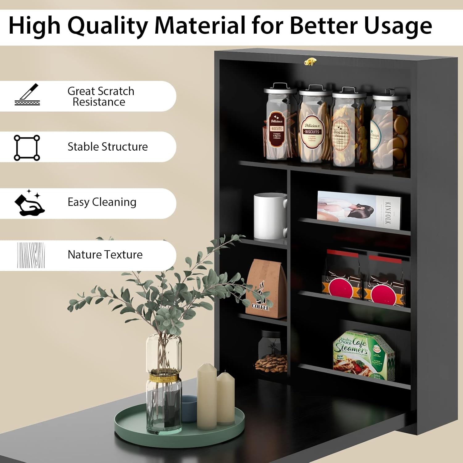 Folding Wall Mounted Desk, Fold Down Table with Storage Shelves, Wood Convertible Floating Table for Small Spaces, Murphy Desk Wall Mount for Home Office (Black)