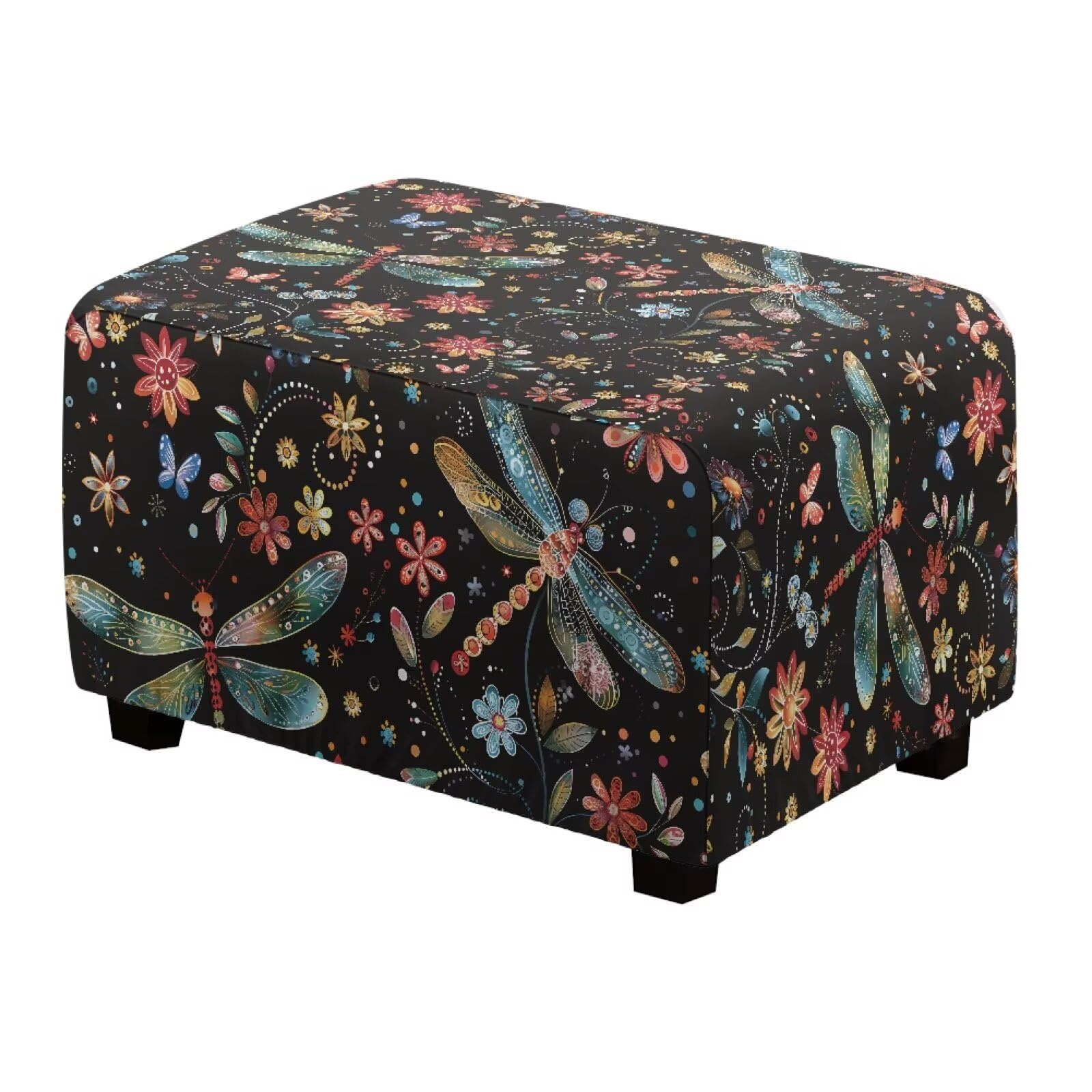 YUVAMAGIMO Dragonfly Ottoman Cover Rectangle Stretch Ottoman Slipcover Waterproof Storage Footstool Covers Furniture Protector with Elastic Bottom for Rectangular Bedside Sofa Bench