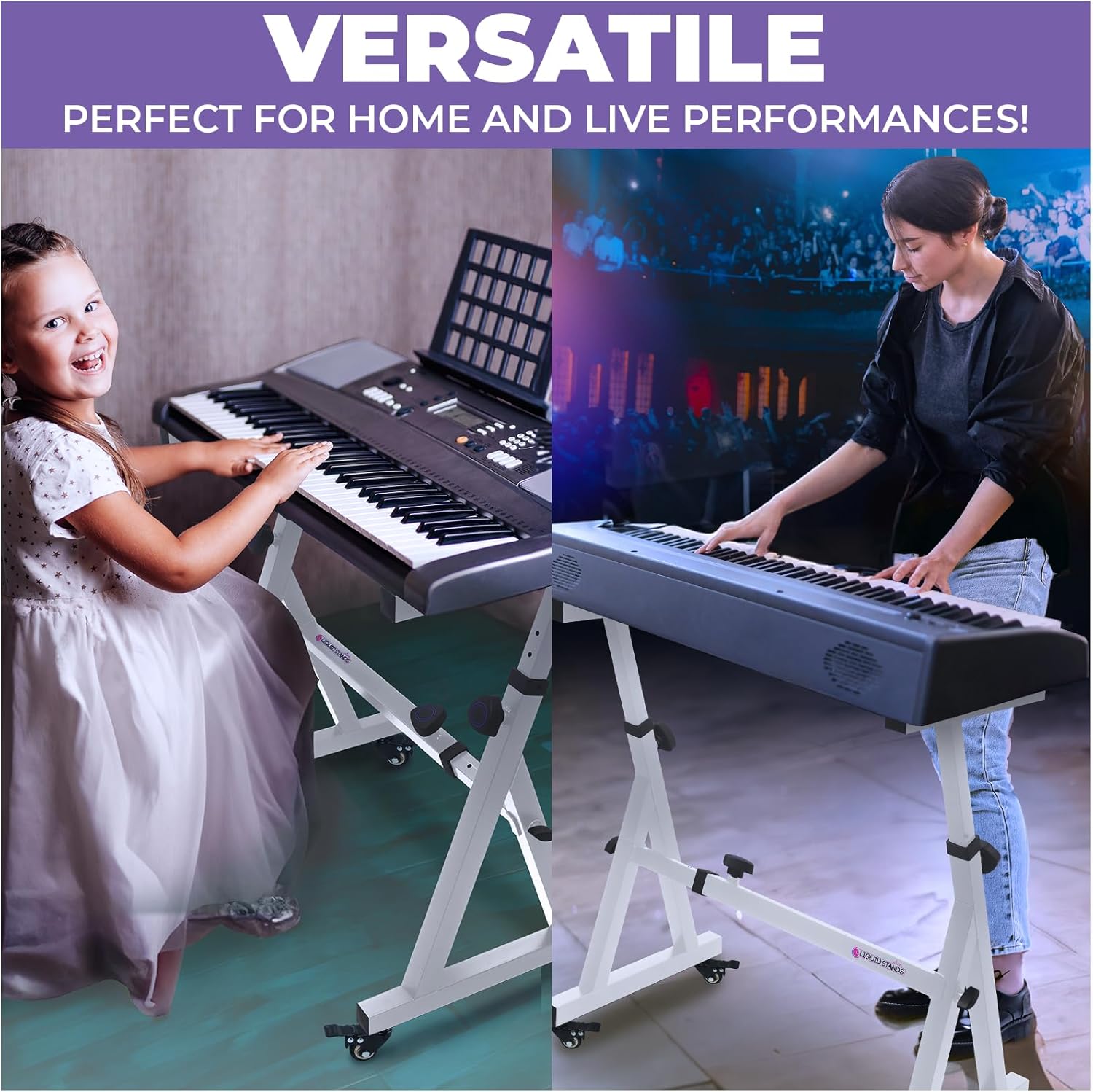 Liquid Stands Keyboard Stand w/ Wheels - Z Style Adjustable & Portable Professional Heavy Duty Digital Piano Stand - Fits 54-88 Key Electric Pianos - Sturdy Rolling Musical Keyboard Stand (White)