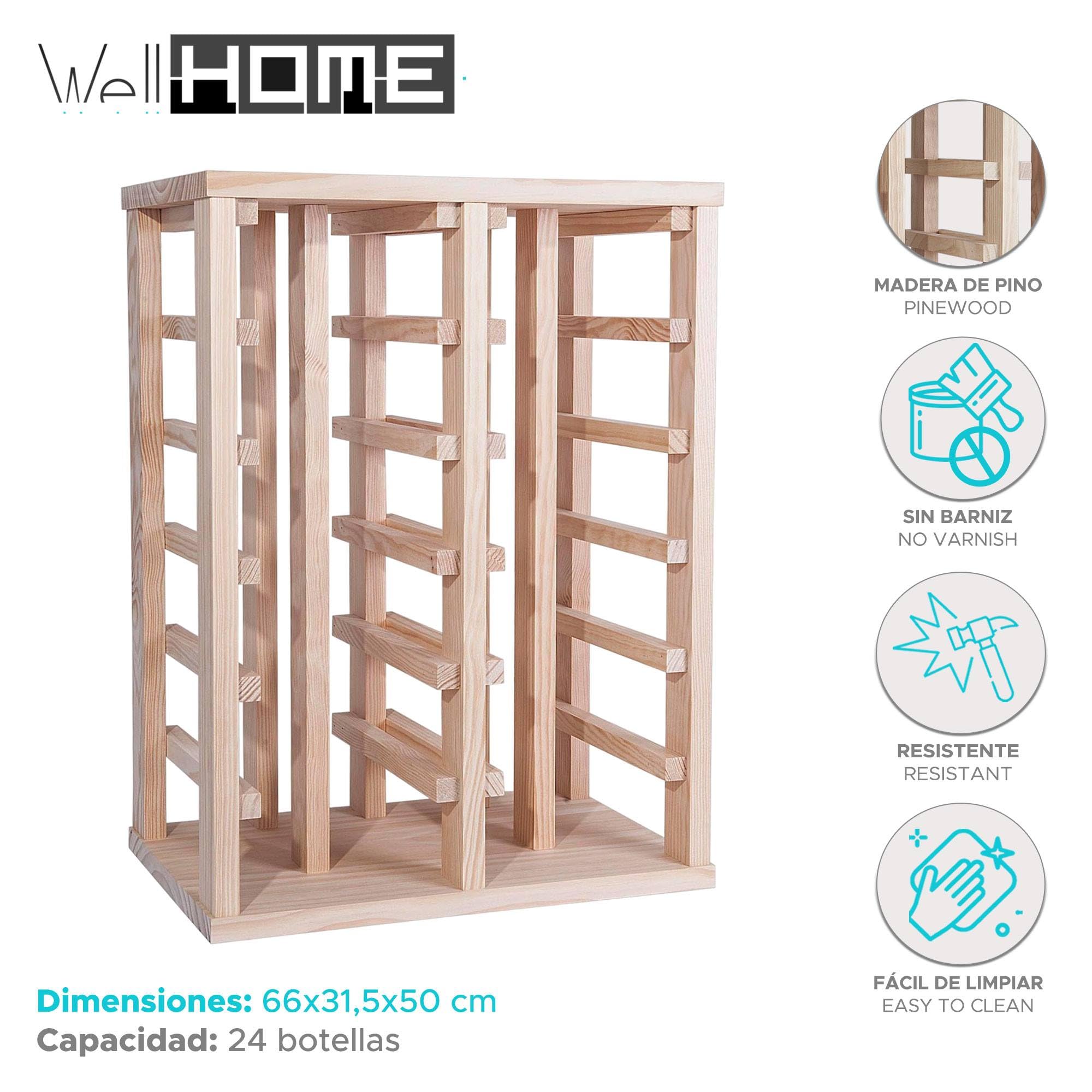 WELL HOME MOBILIARIO & DECORACIÓN Botellero en Madera de Pino con 24 estantes SIN barnizar H.66cm, 45 x 31.5 x 61 cm