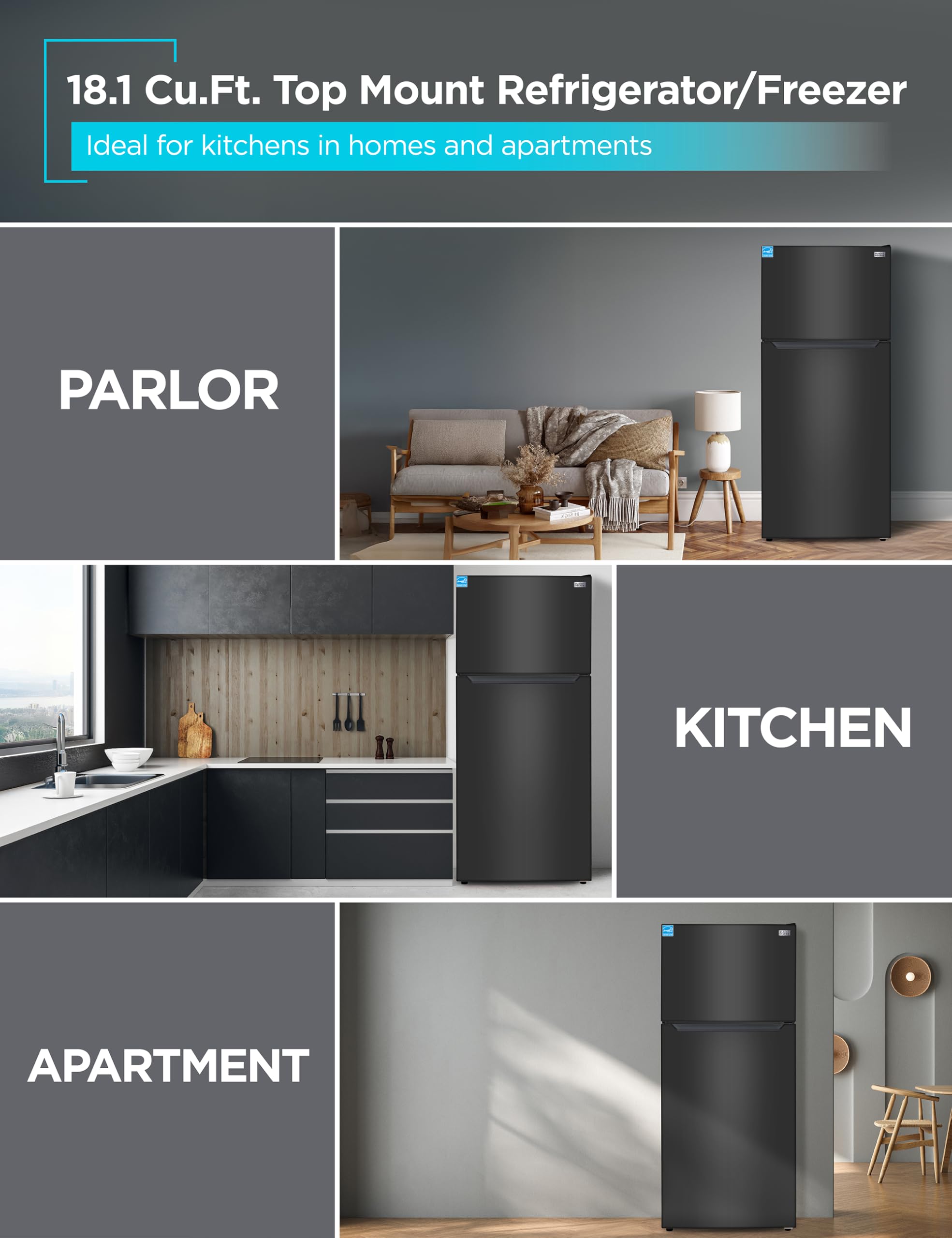 BLACK+DECKER 18.1 Cu. Ft. Top Mount Refrigerator with Freezer, 2 Door Refrigerator with Top Freezer and Adjustable Temperature Control, Full Size Fridge, ENERGY STAR Certified, BR1810HB, Black on Fridge.com