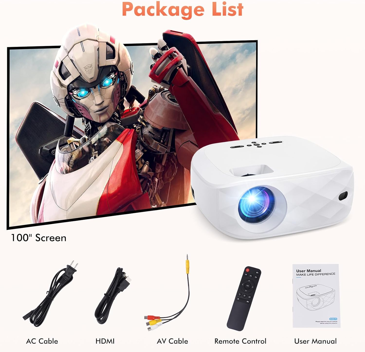 HOWWOO Projector package contents including projector, 100-inch screen, cables, remote, and user manual