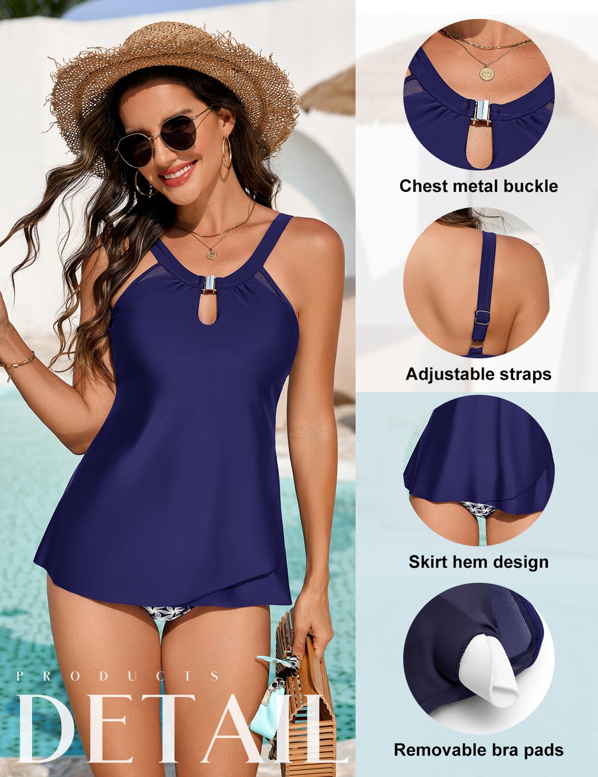 Tankini Donna Mare Curvy Costumi da Bagno Tankinis Costume Pantaloncino Donna Push Up Set Beachwear Due Pezzi con Decorazione Metallica
