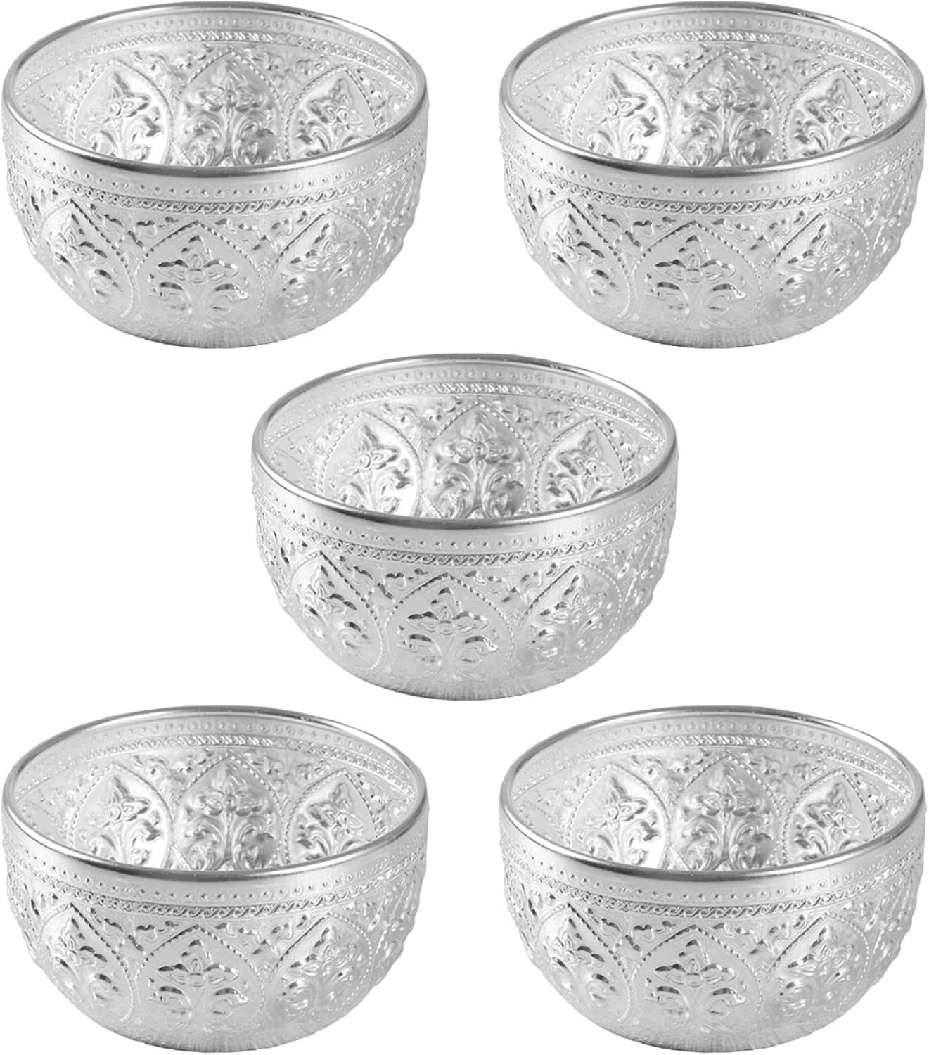 Cabilock 5pcs Thai Carved Tin Bowls 3.15 Inch Silver - Water Offering, Essential Oil Containers for Spa & Home Decor