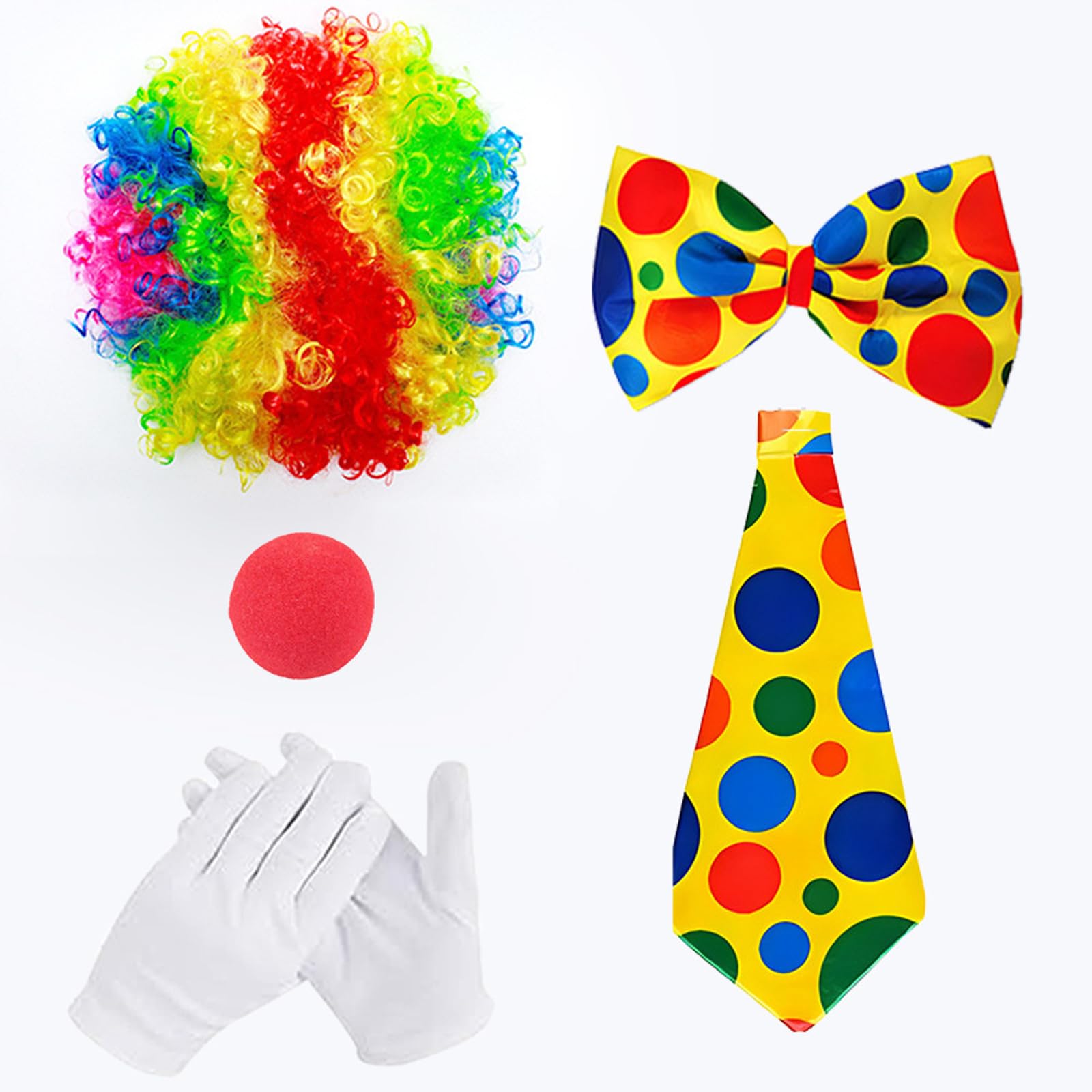 5Pcs Clown Set, Clown Costume with Wig, Nose, Gloves, Bow Tie, and Necktie, Perfect for Halloween Parties, Role Play, Carnival Celebrations, and Circus Performances