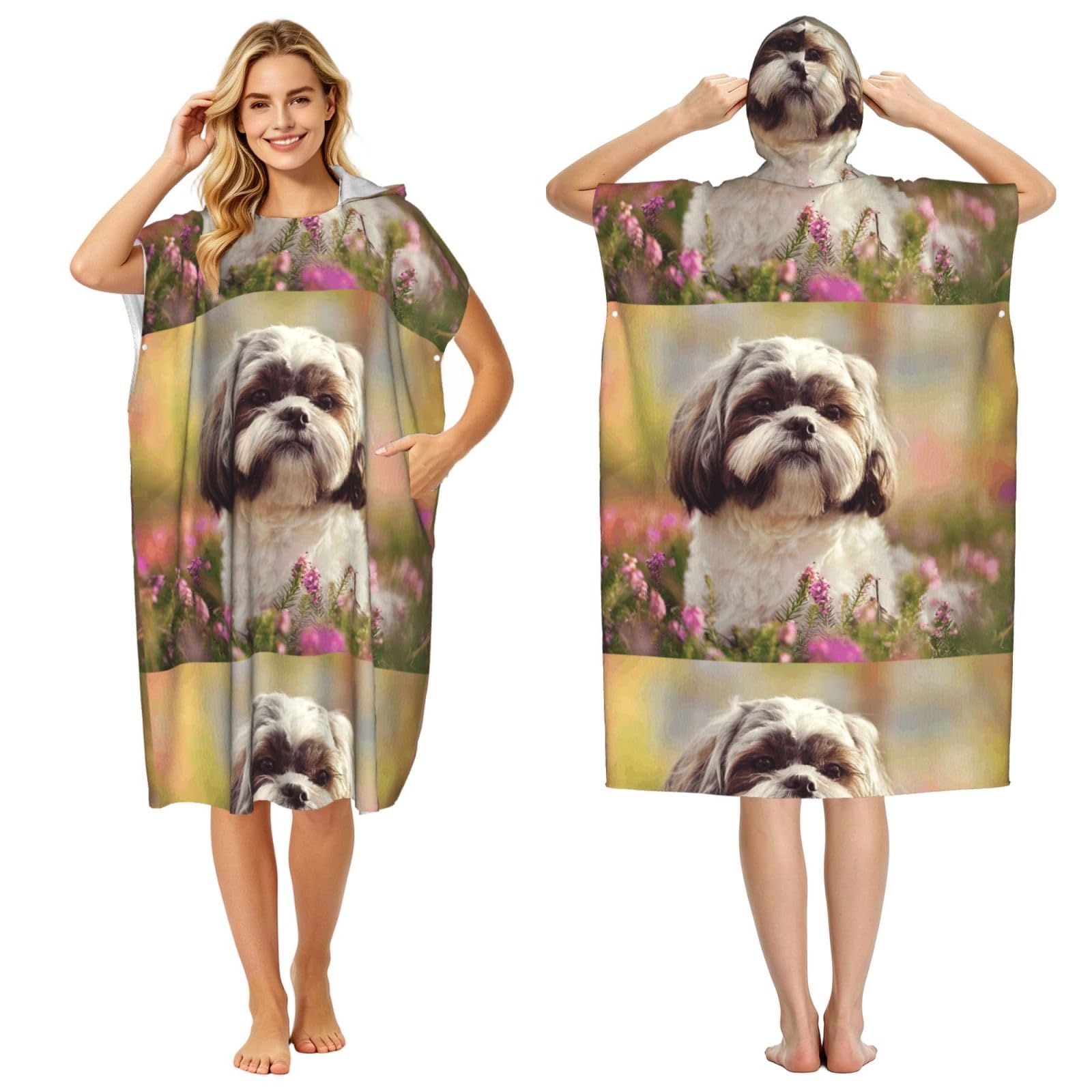 Poadnly Shih Tzu Dog, Adult Hooded Beach Towel 90 x 110 cm,Changing Bath Robe, Surf Poncho Towel For Women Men