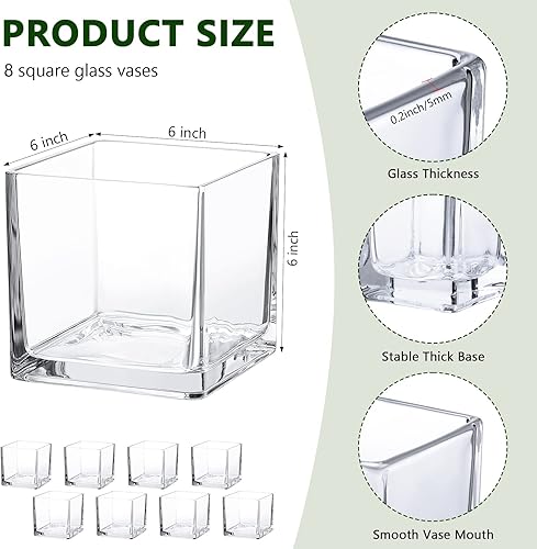 Miniatura 2 de Yaomiao Jarrón cuadrado de vidrio de 8 piezas de 6 x 6 x 6 pulgadas, cubo transparente, florero de flores de boda, portavelas flotantes para centro