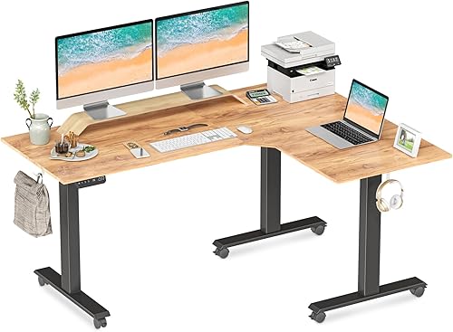 FEZIBO Escritorio de pie en forma de L de triple motor de 63 pulgadas, escritorio eléctrico para juegos de altura ajustable, escritorio de esquina