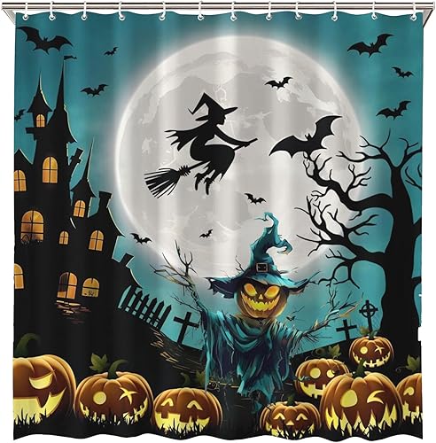 Miniatura 6 de Cortina de ducha de Halloween de 72 x 72 pulgadas, divertida decoración de baño, día de Halloween, malvado, calabaza, terror, bruja, primavera,