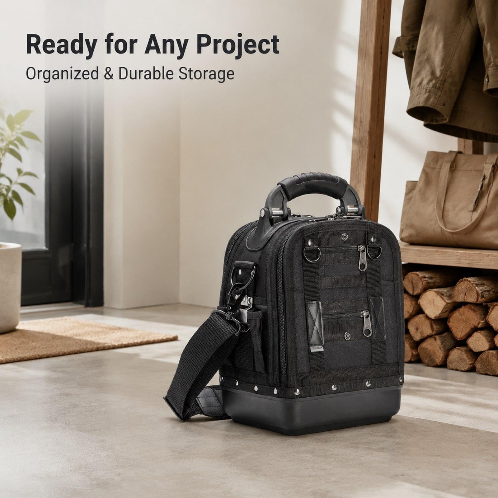 Bolsa de Herramientas Portátil, Soporte para Herramientas, Fuelle Rígido, Oxford 900D, Bolsillo Extraíble, Asa Acolchada, Ideal para Proyectos de Bric, Negro