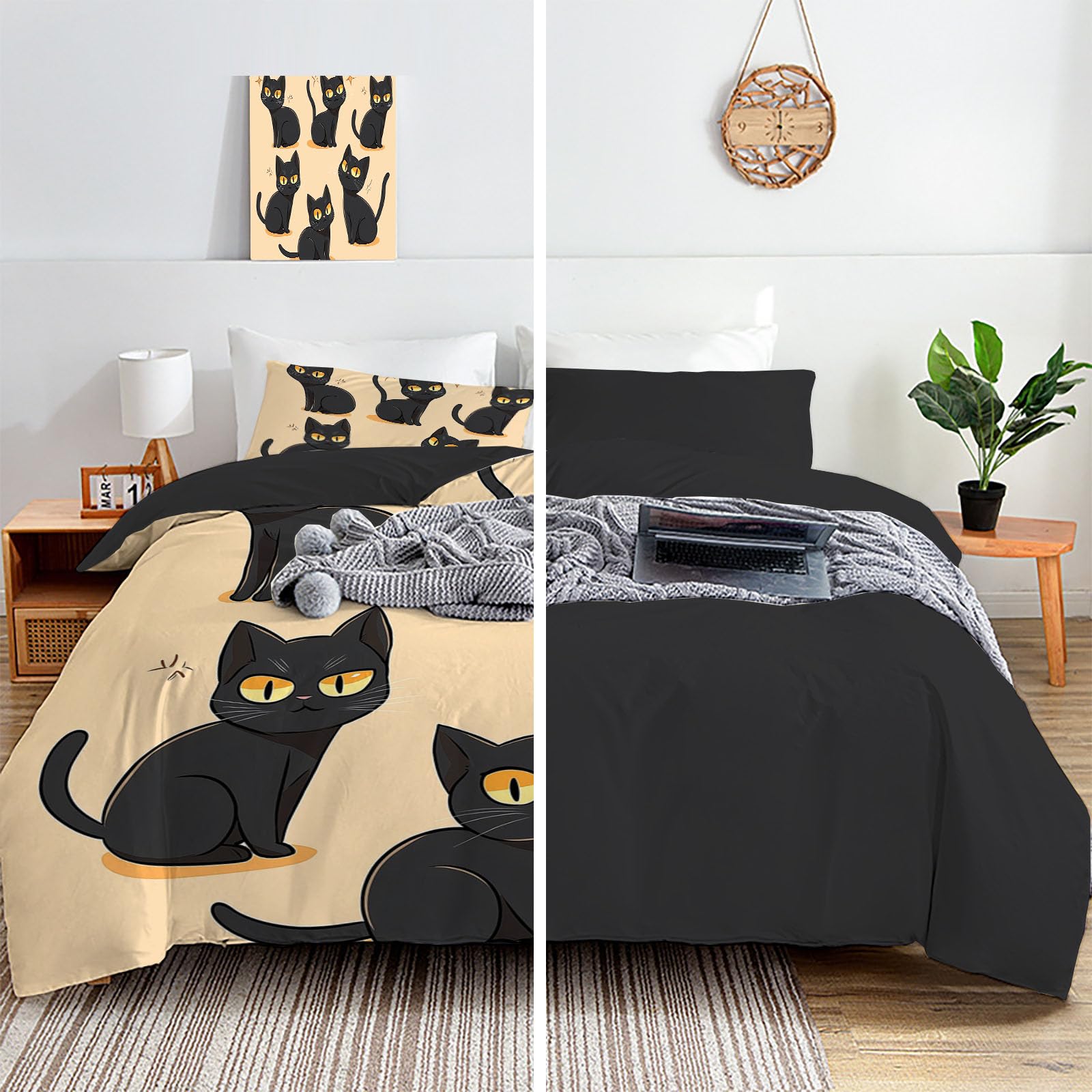 Gato Negro Sencillo Juego de Funda Nórdica 3 Piezas Cama 105 Microfibra Extra Suave Transpirable, Animales Funda Edredón 200x200cm y 2 Fundas de Almohada 50x75 cm
