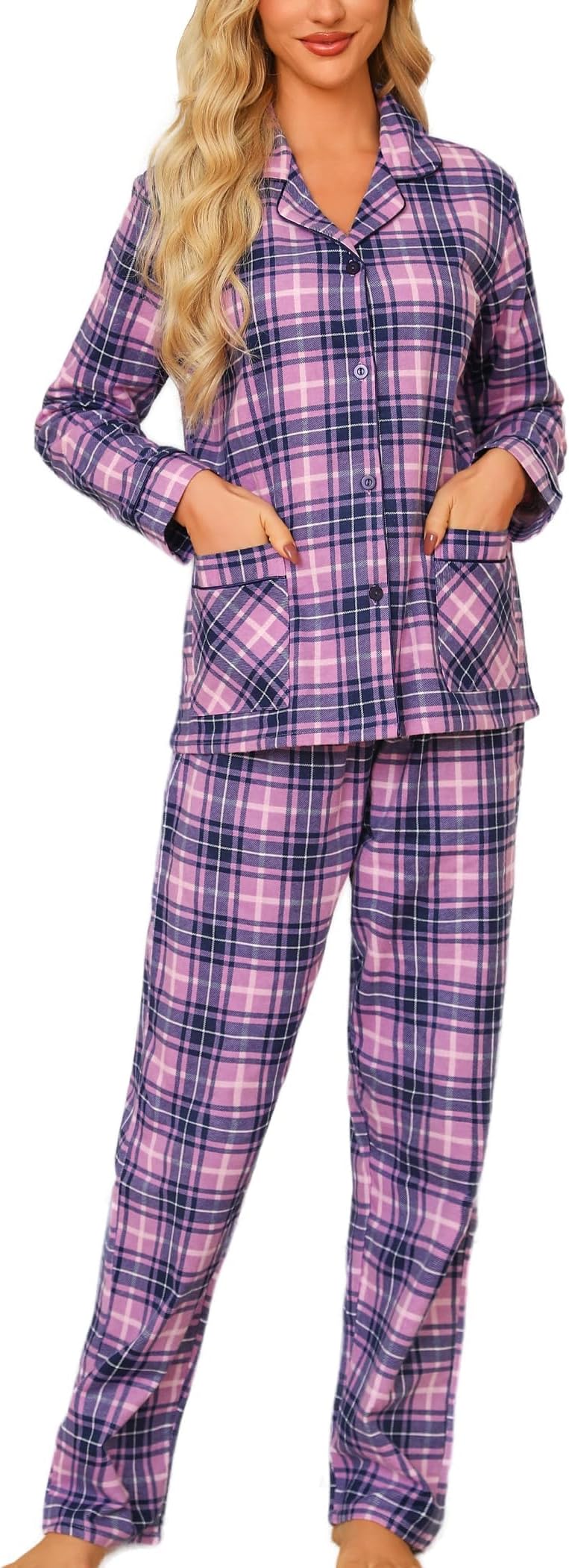 Women's Long Pyjama Set with Button Placket, Flannel Pyjamas, Women's PJ Soft Top and Pyjama Bottoms, Two-Piece Leisure Suit for Women, XS-XL