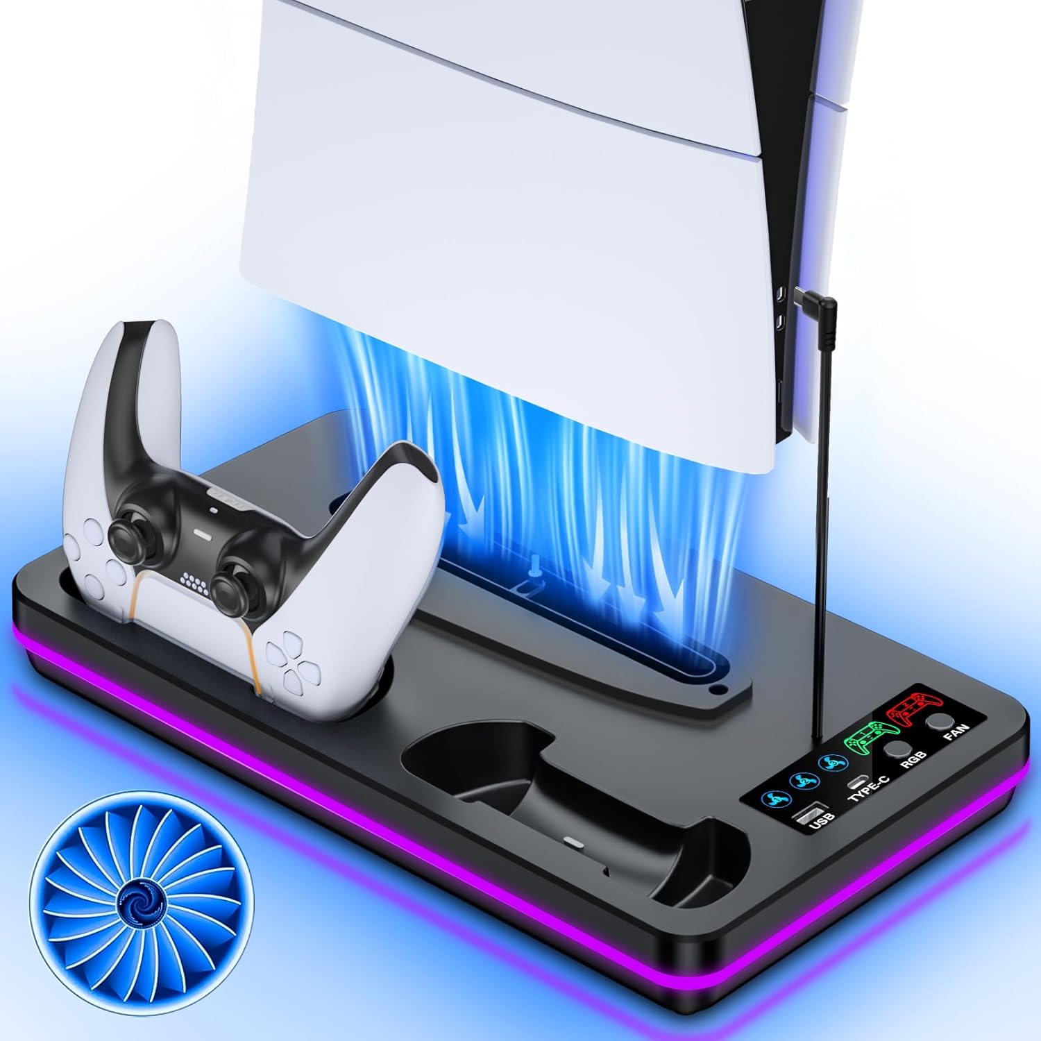 for PS5/PS5 Slim Stand and Cooling Station with Controller Charging Station for PlayStation 5 Slim&Standard Disc/Digital Console,10 LED Light for PS5 Cooler Accessories 3 Levels Cooling Fan, Black