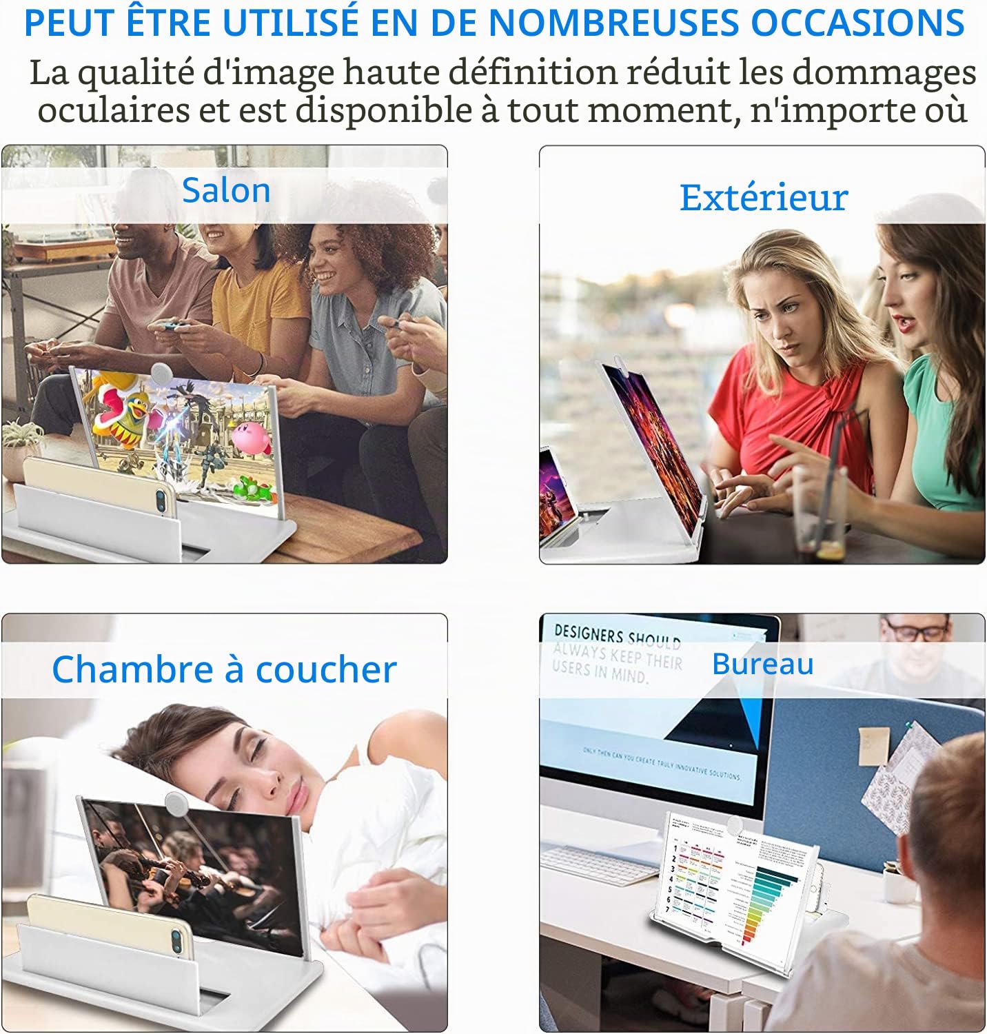 Amplificateur d'écran Lumineux de 14 Pouces, loupe d'écran Anti-Bleu 3D HD pour téléphone Portable, Support Pliable Portable pour Films, vidéos et Jeux, Compatible avec Tous Les Smartphones (Blanc)