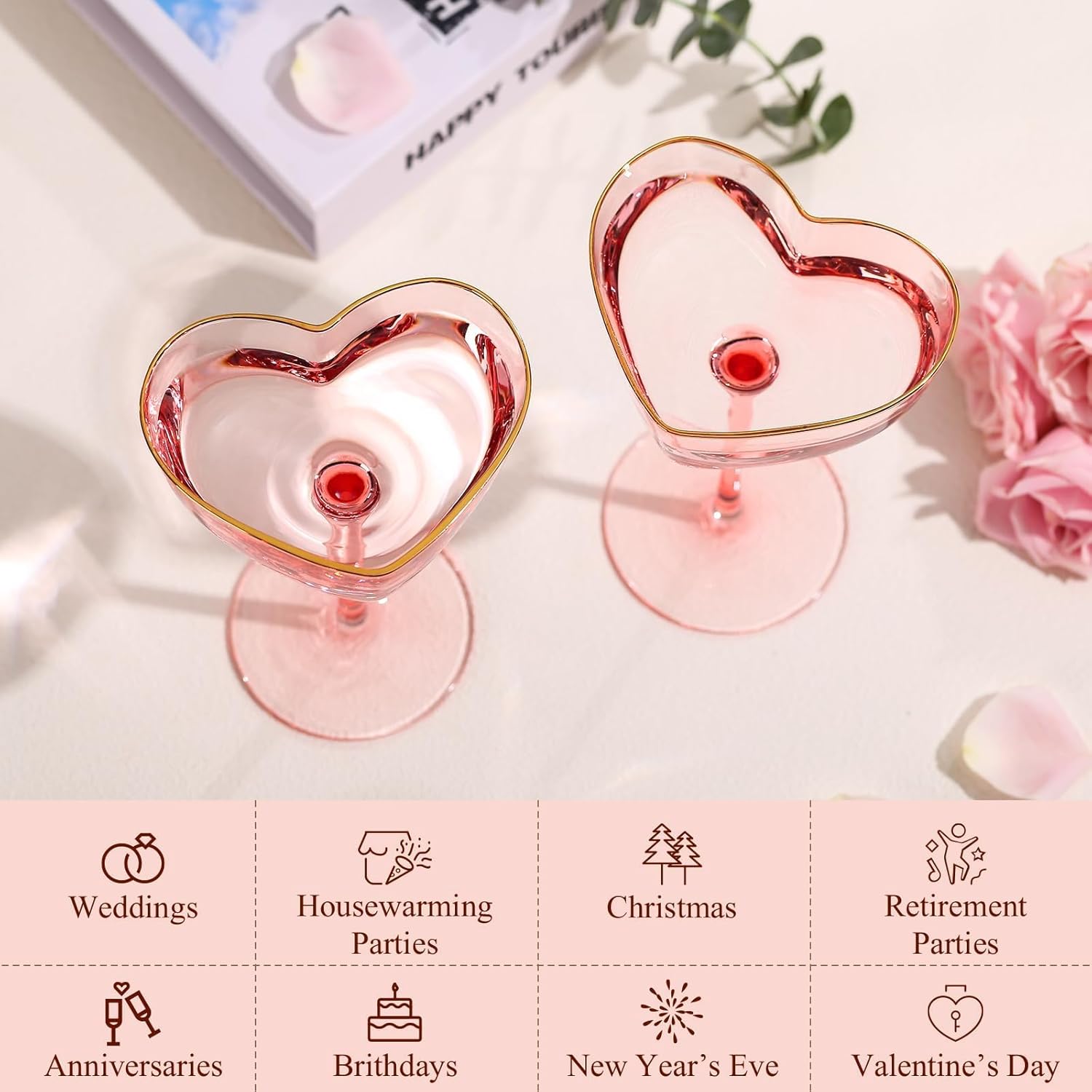 Pink Coupe Glasses Set of 4, Heart-Shaped Martini Glasses with Golden Rim, Fancy Manhattan, Cosmopolitan, Sidecar Cocktail Glassware for Christmas, Wedding, Birthdays - 8oz