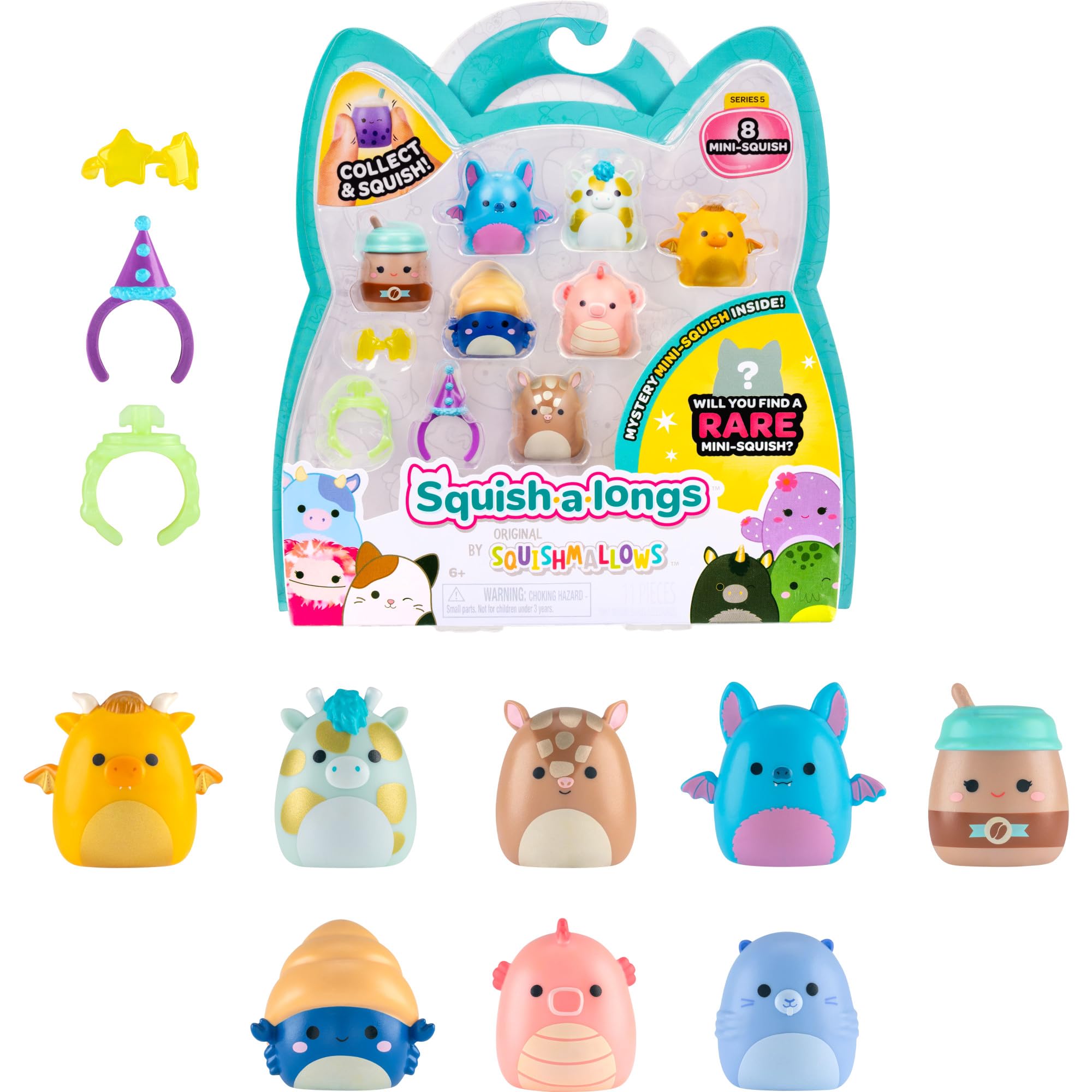 Squish-a-longs Mini-Squish 8-Pack (Wave 5, Style 4) Includes Hautely the To-Go Coffee Cup, Boyle the Fruit Bat, Mister the Dragon
