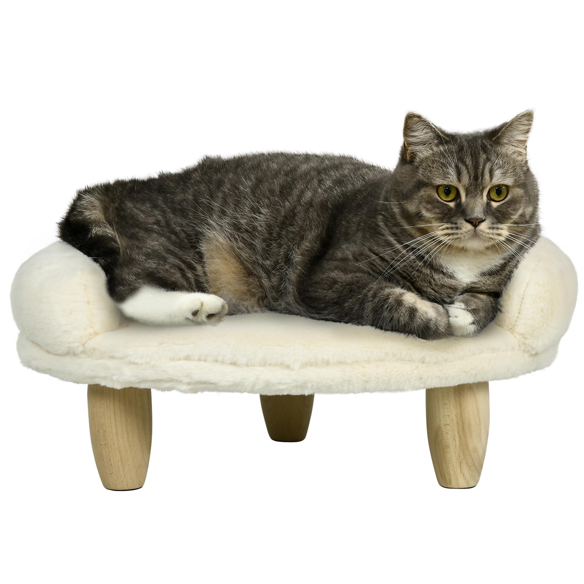 PawHut Katzensofa Hundesofa aus Plüsch Hundebett mit Rückenlehne, Holzbeine, Hundecouch mit weicher Polsterung für Katzen miniaturhunde Hunde 47 x 40 x 20 cm Cremeweiß