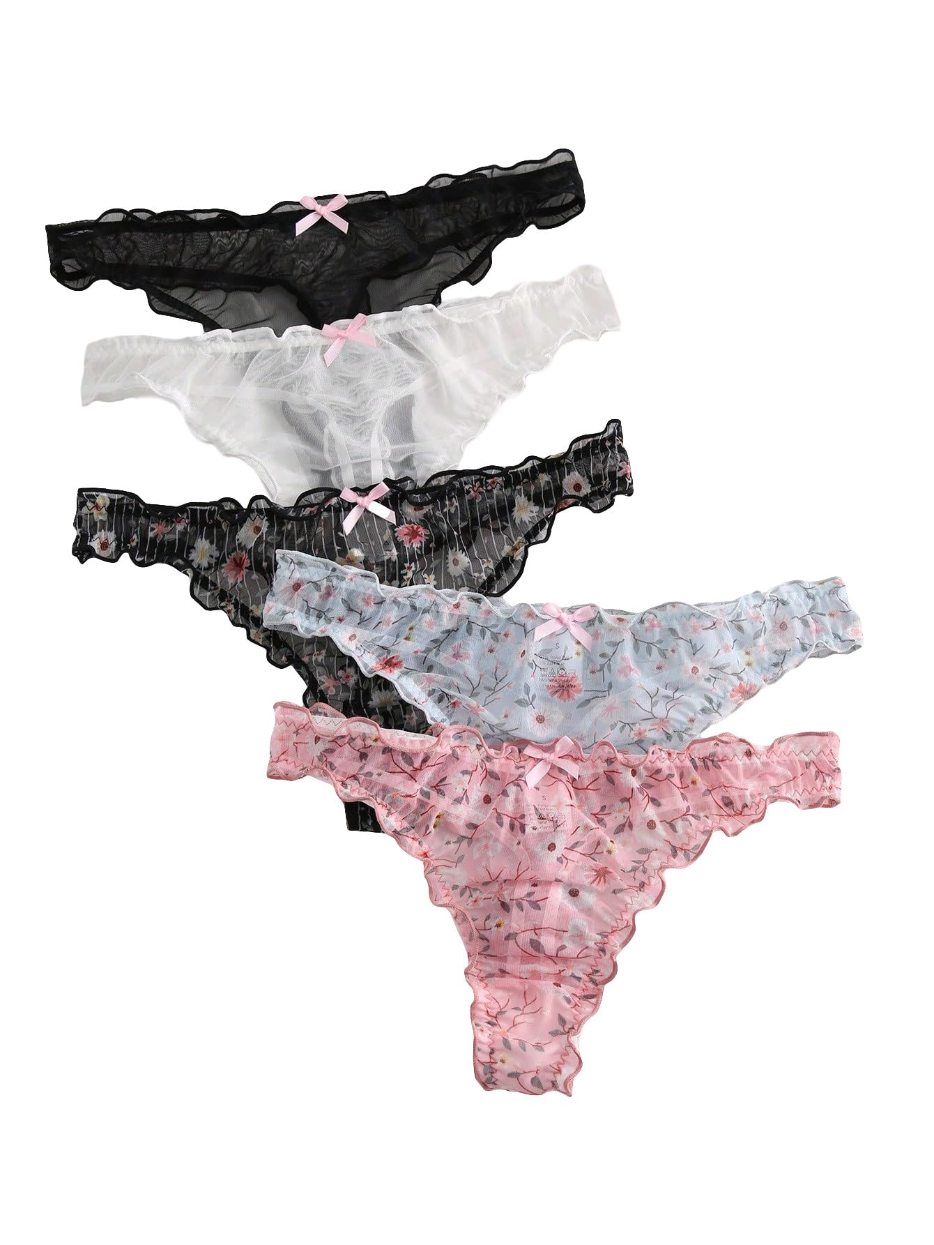 SHENHE Womens 5 Packs Floral Lettuce Trim Bow Low Rise Cute Thong Panties Underwear