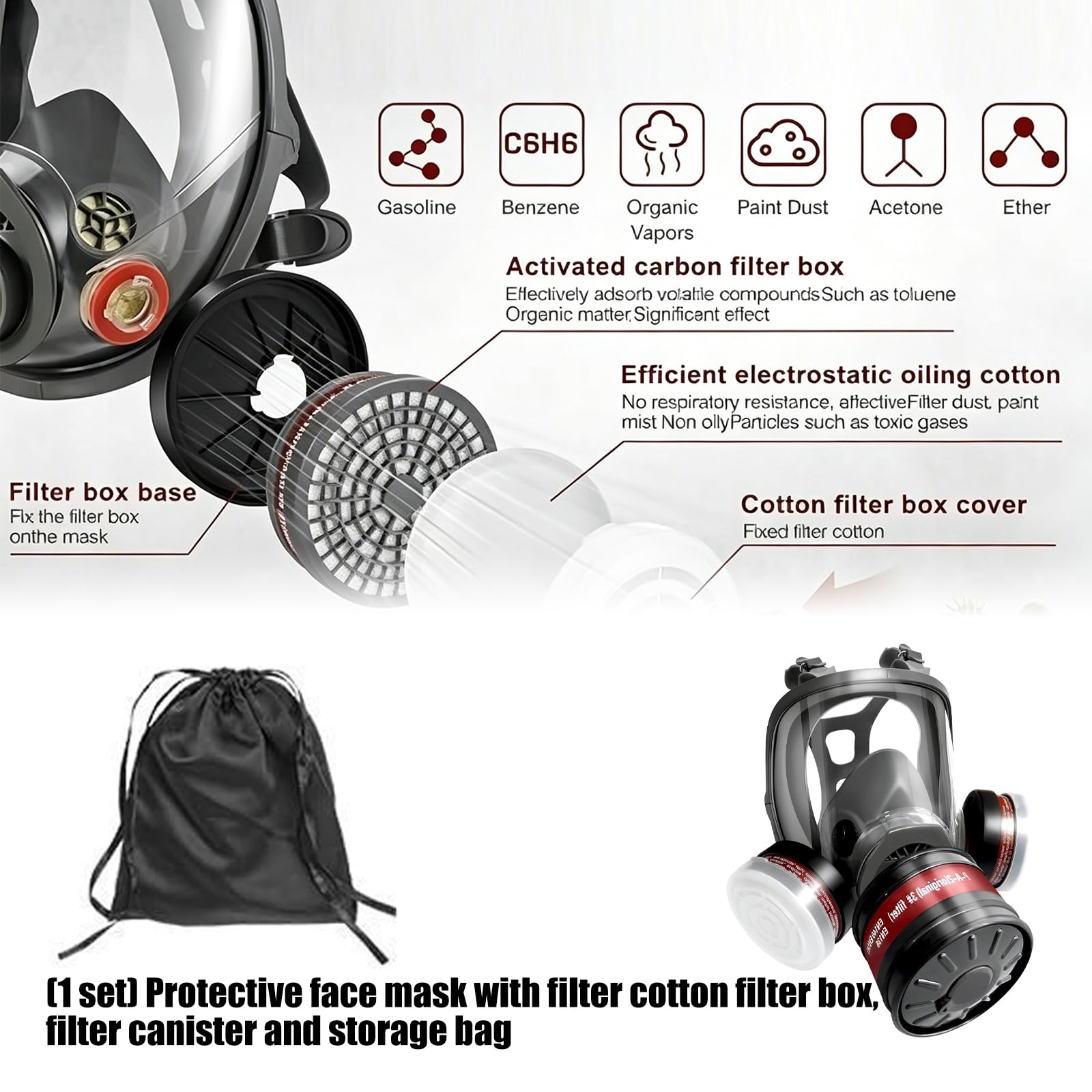 Masque facial de protection pour différentes tailles de tête, masque respiratoire réutilisable avec filtre, protection respiratoire complète avec filtre