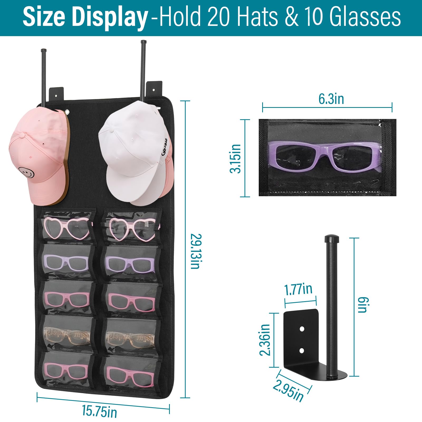 Sunglasses Organizer with 2 Pack Hat Rack for Wall, Adhesive or Drilling Hat Organizer for Baseball Caps, Space Saving Hat Hooks Hangers for Wall, Door, Closet, Home Storage for Hats & Sunglasses
