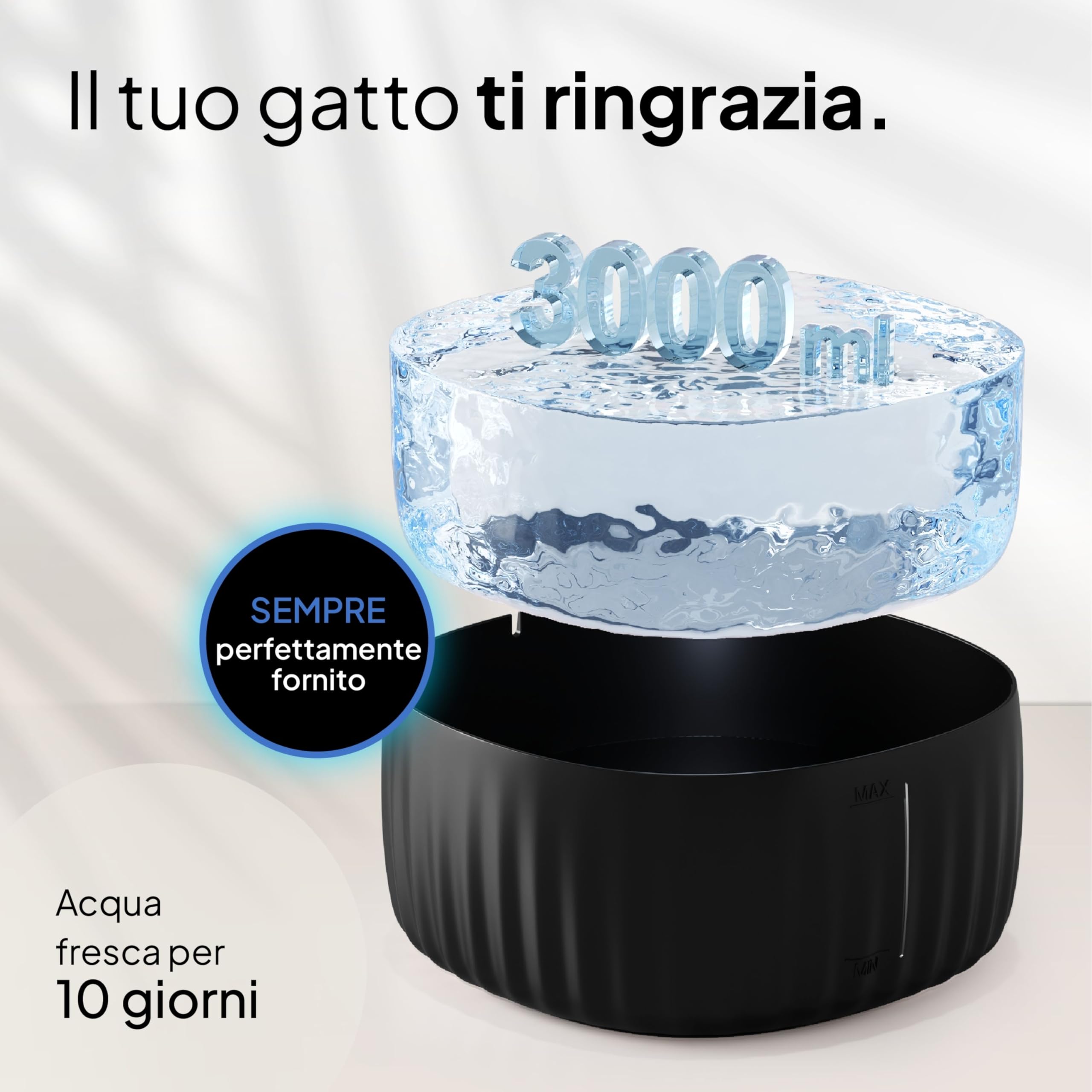 Pretty Paw Fontanella Gatti da Interno 3L con Indicatore LED Livello - Dispenser Acqua Gatti Silenzioso con Filtro Carbone Attivo e Resina, Beccuccio in Metallo, BPA Free - Aqua flow Pro (Nero)