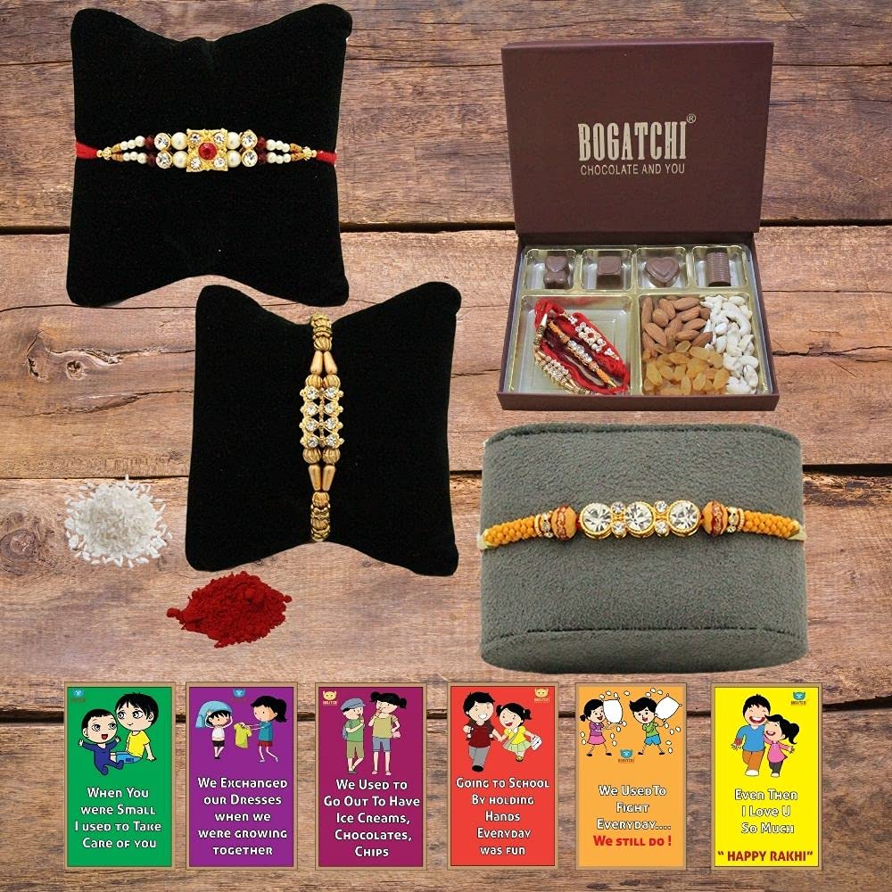BOGATCHI Rakhi Dry Fruits Combo, Rakhi with chocolates gift pack, Rakhi and chocolate combo, Rakhi gift for brother with Chocolate Box 4pcs + Rakhi Set of 3+Roli Chawal+Rakhi Story Card,CDRFe1-image-26
