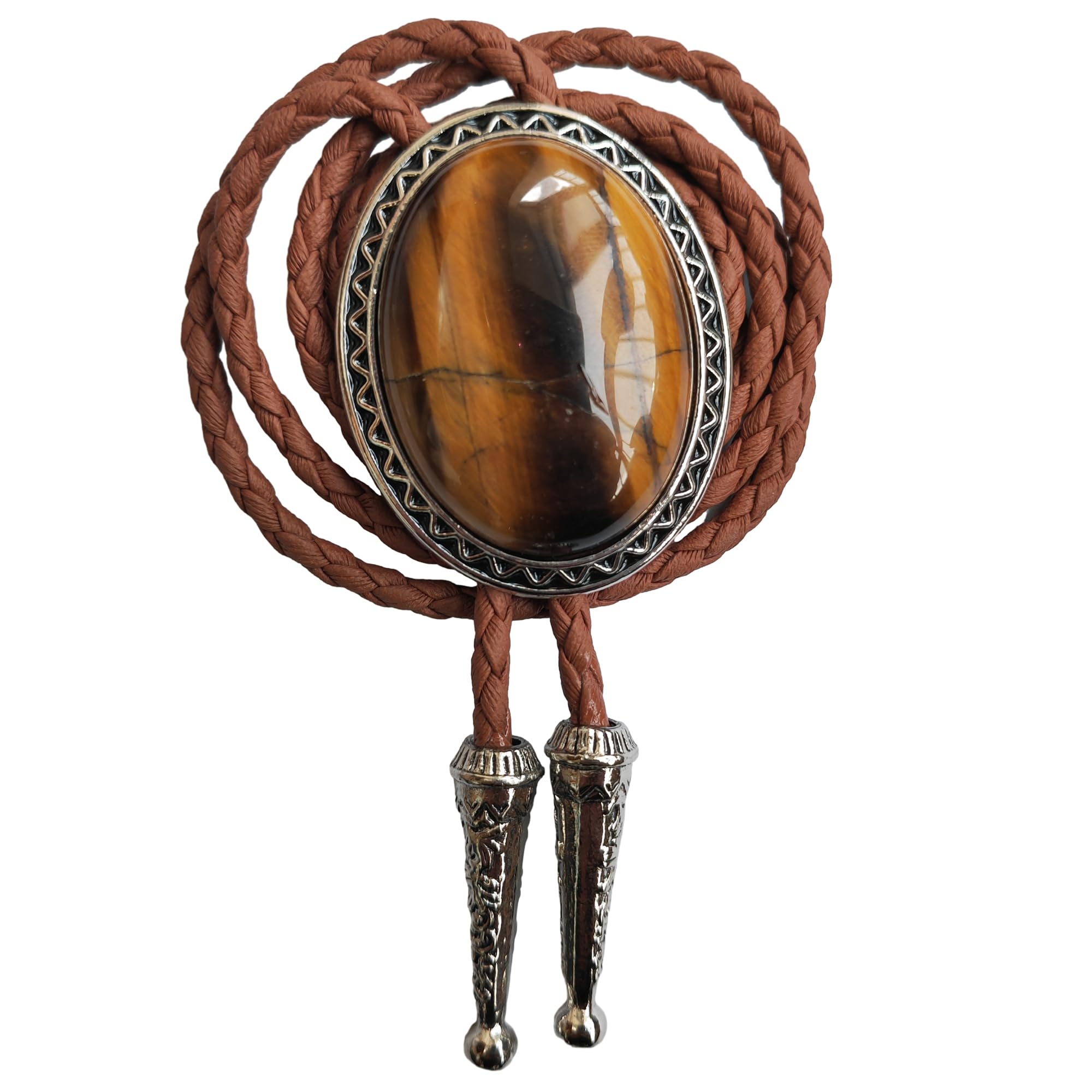 Himongoo Unisex Tiger-Eye Stone Bola Bolo Tie Brown Leather Wedding Necktie For Men Women Western Style Bolo Necktie